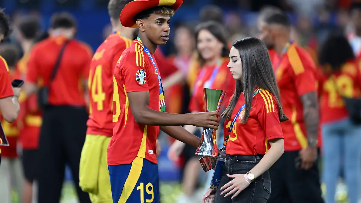 Lamine Yamal of Spain celebrates with the ‘Best Young Player’ award following the UEFA Euro 2024 final match between Spain and England at Olympiastadion on July 14, 2024 in Berlin, Germany.