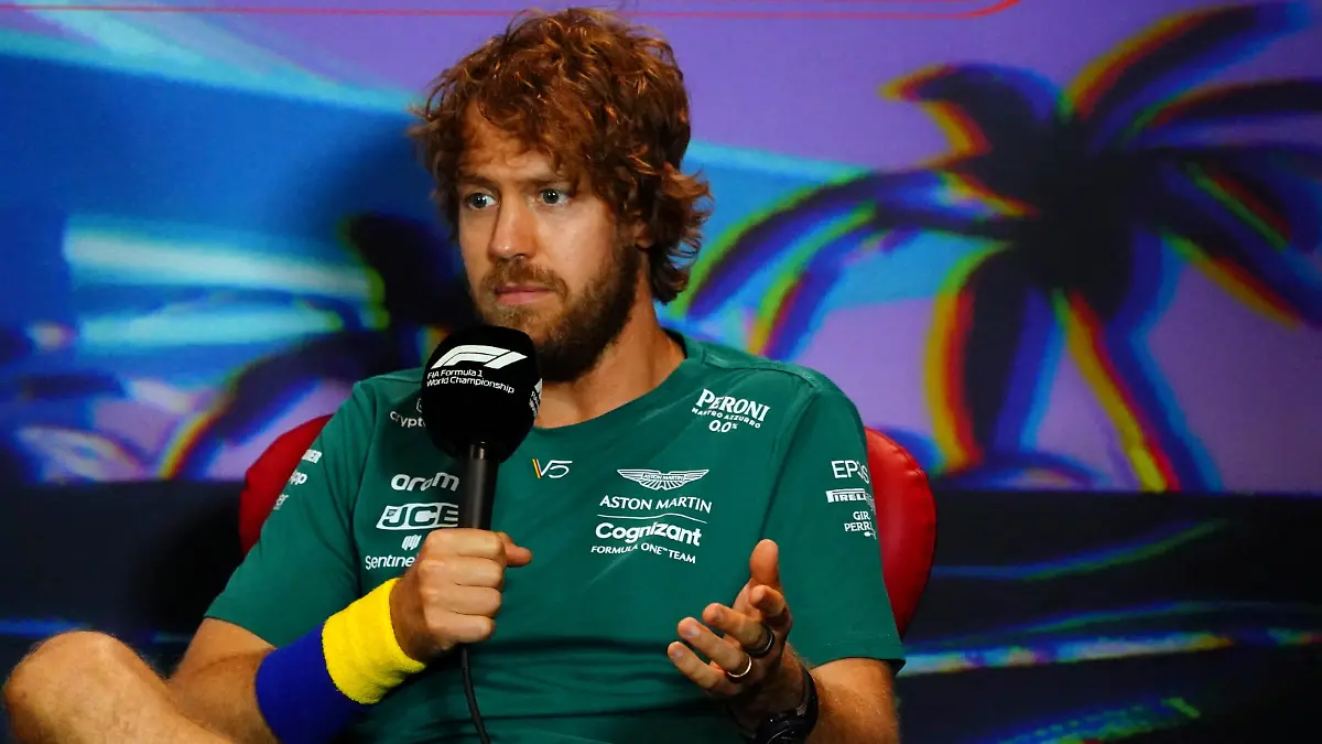 FILE PHOTO: May 6, 2022; Miami Gardens, Florida, USA; Aston Martin driver Sebastian Vettel of Germany talks with the media during a press conference before their practice session for the Miami Grand Prix at Miami International Autodrome. Mandatory Credit: John David Mercer-USA TODAY Sports/File Photo