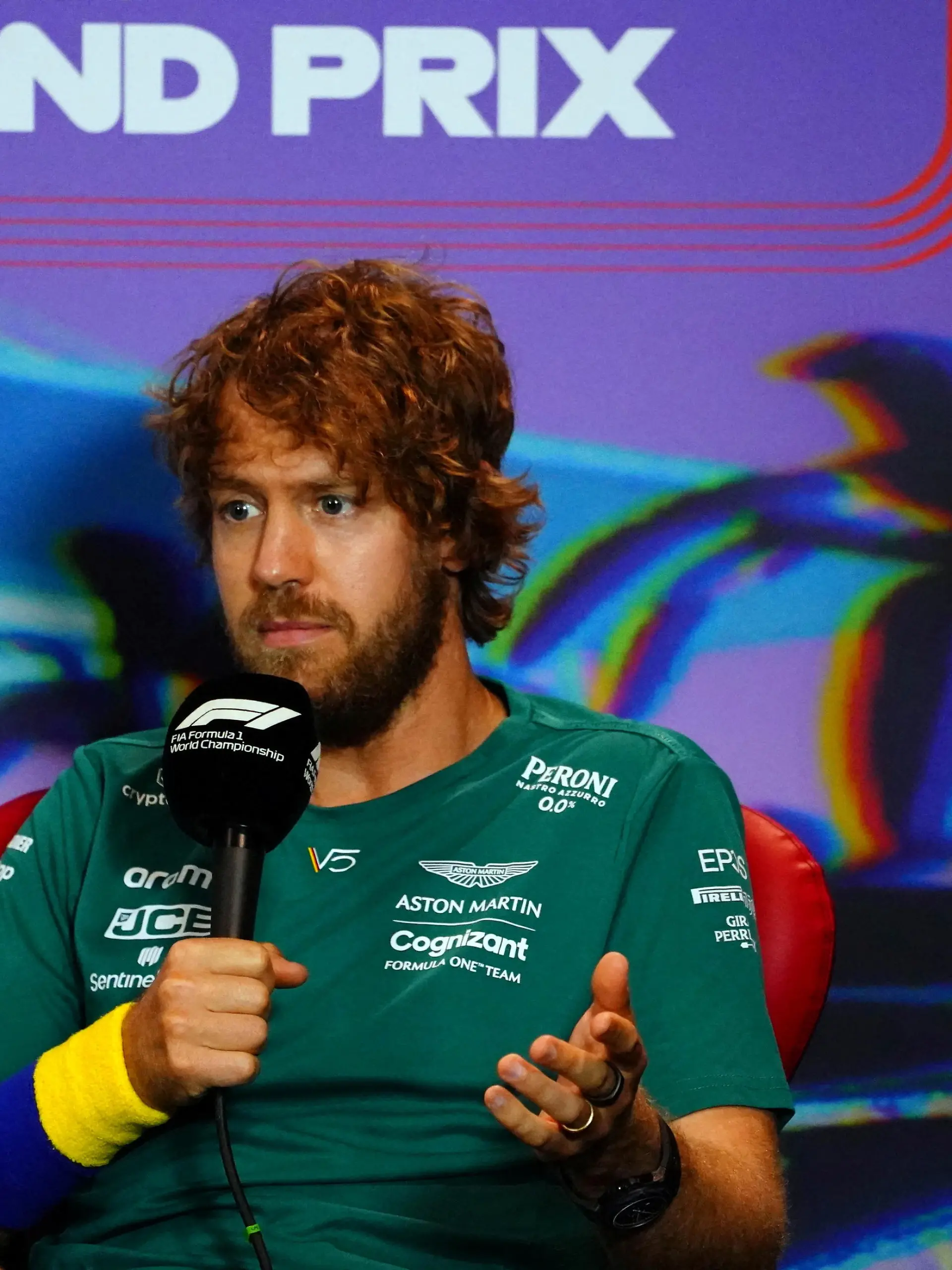 FILE PHOTO: May 6, 2022; Miami Gardens, Florida, USA; Aston Martin driver Sebastian Vettel of Germany talks with the media during a press conference before their practice session for the Miami Grand Prix at Miami International Autodrome. Mandatory Credit: John David Mercer-USA TODAY Sports/File Photo