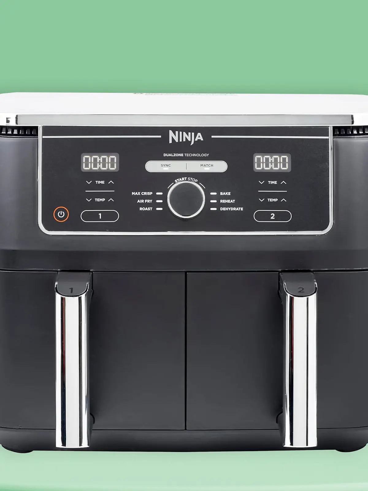 Die Ninja Foodi MAX Dual Zone Heißluftfritteuse AF400EU vor einem Hellgrünen Hintergrund.