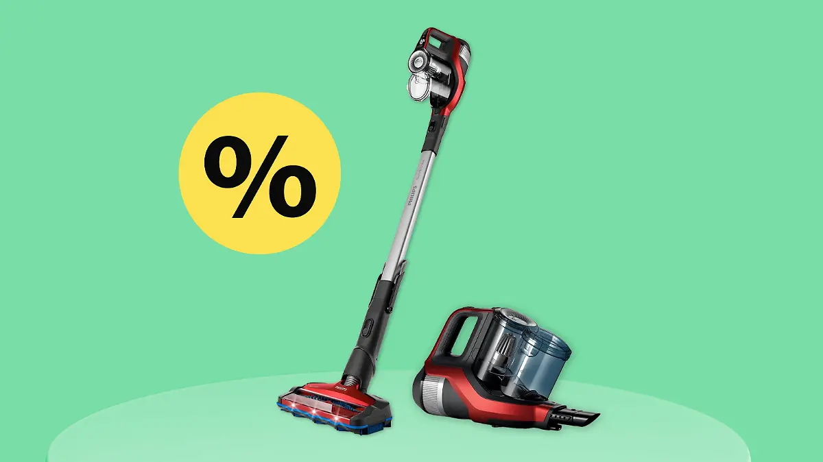 Der kabellose Philips 2-in-1 Staubsauger vor einem Hellgrünen Hintergrund und einem gelben Prozentzeichen auf der linken oberen Seite.
