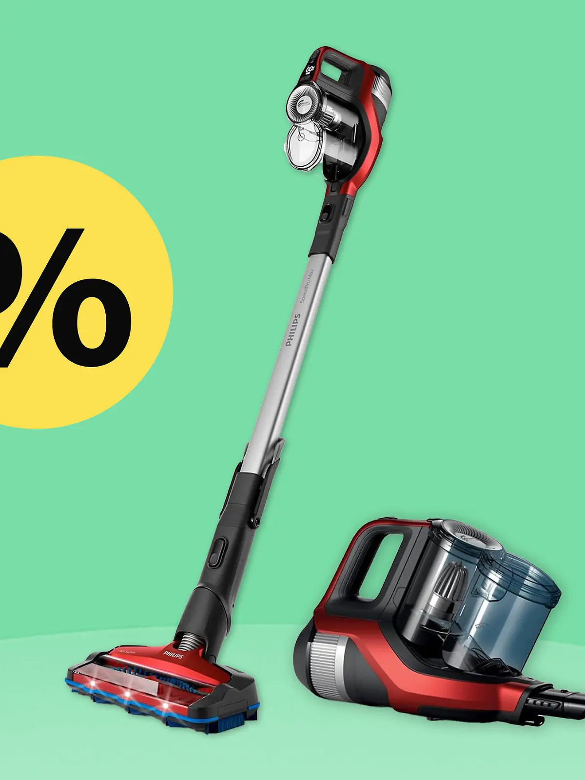 Der kabellose Philips 2-in-1 Staubsauger vor einem Hellgrünen Hintergrund und einem gelben Prozentzeichen auf der linken oberen Seite.