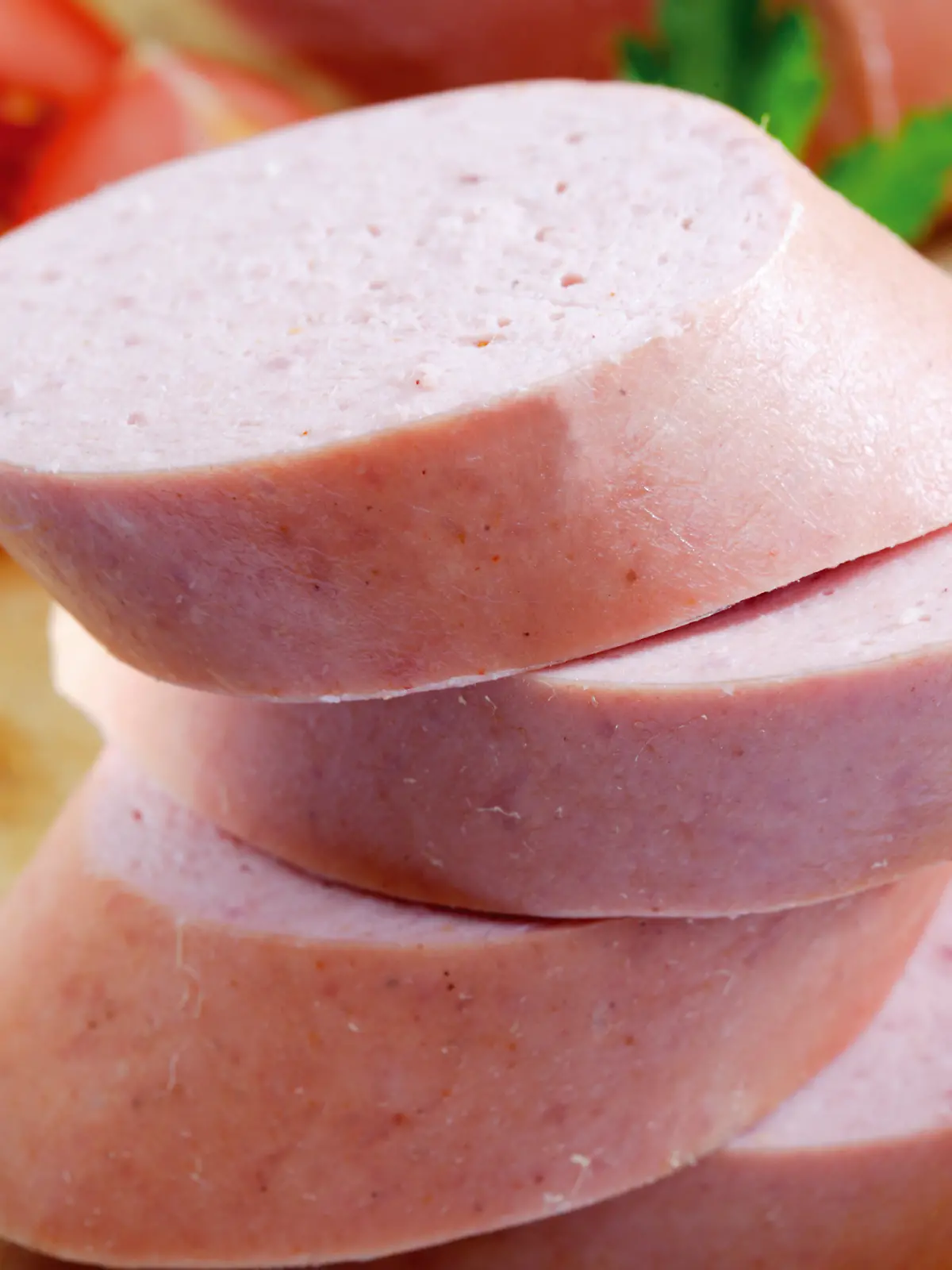 Fleischwurst liegt auf einem Brettchen. 