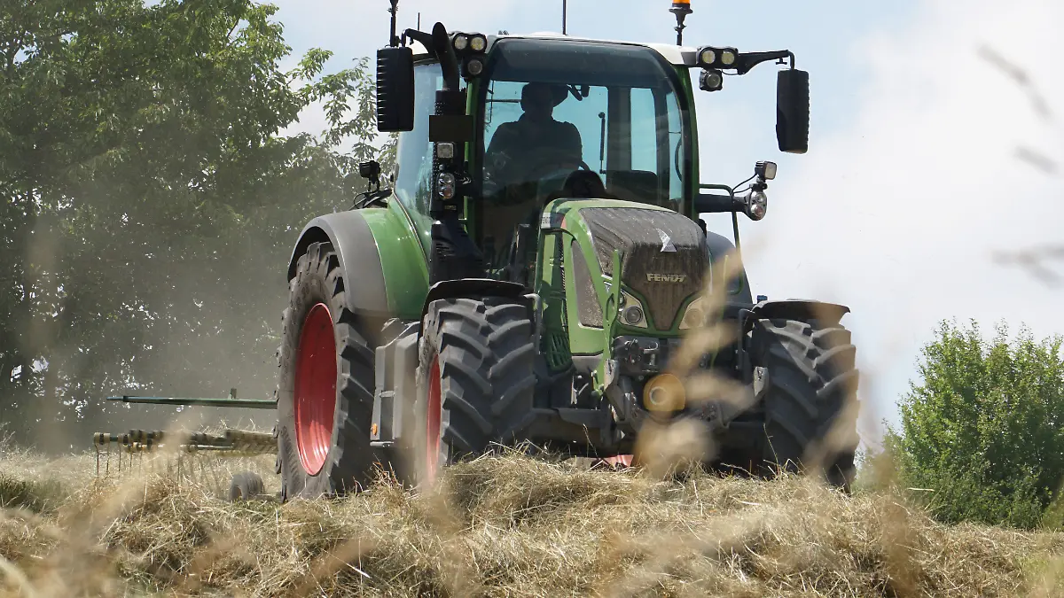 Auf einer Wiese in Northeim am Solling im Bundesland Niedersachsen, im Ortsteil Hohnstedt wendet ein Traktor mit einem Heuwender Gras. Heuwenden auf einer grossen Wiese *** On a meadow in Northeim am Solling in the federal state of Lower Saxony, in the district of Hohnstedt, a tractor with a hay tedder turns grass hay on a large meadow