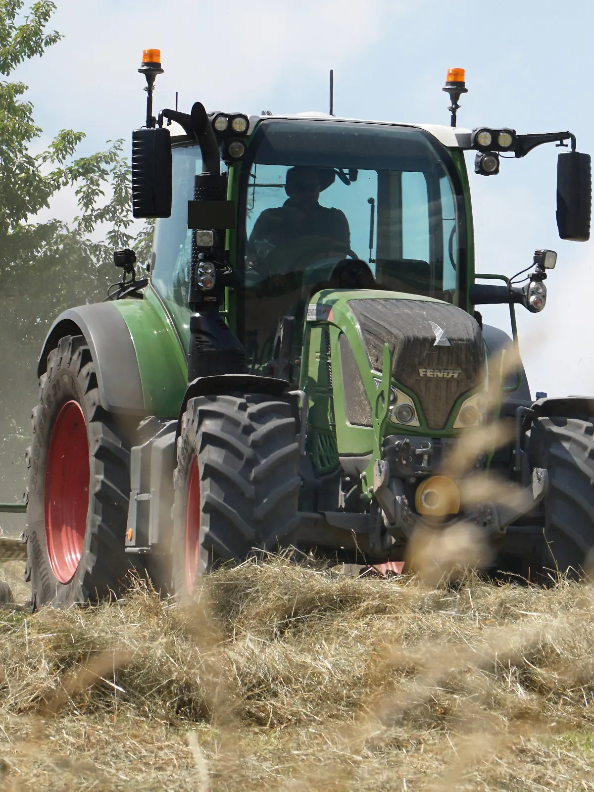 Auf einer Wiese in Northeim am Solling im Bundesland Niedersachsen, im Ortsteil Hohnstedt wendet ein Traktor mit einem Heuwender Gras. Heuwenden auf einer grossen Wiese *** On a meadow in Northeim am Solling in the federal state of Lower Saxony, in the district of Hohnstedt, a tractor with a hay tedder turns grass hay on a large meadow