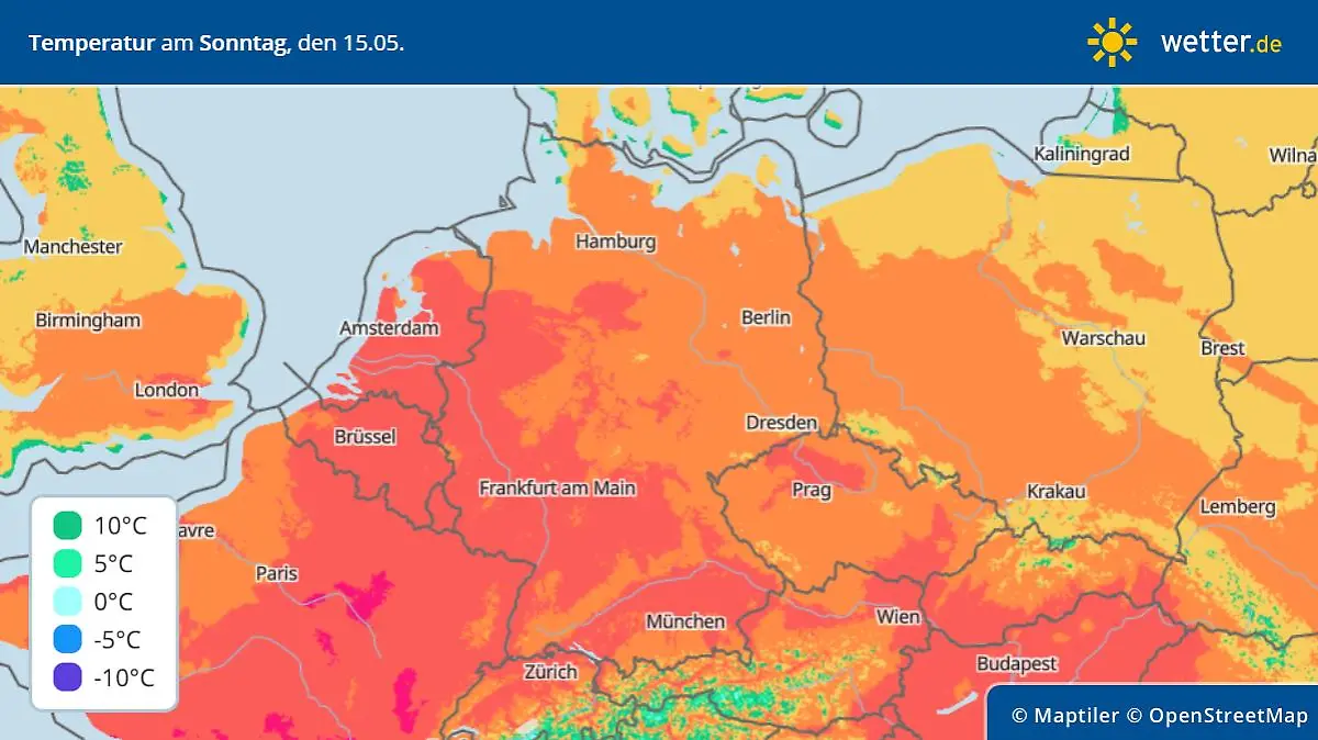 Höchsttemperaturen in Deutschland am Sonntag, 15. Mai