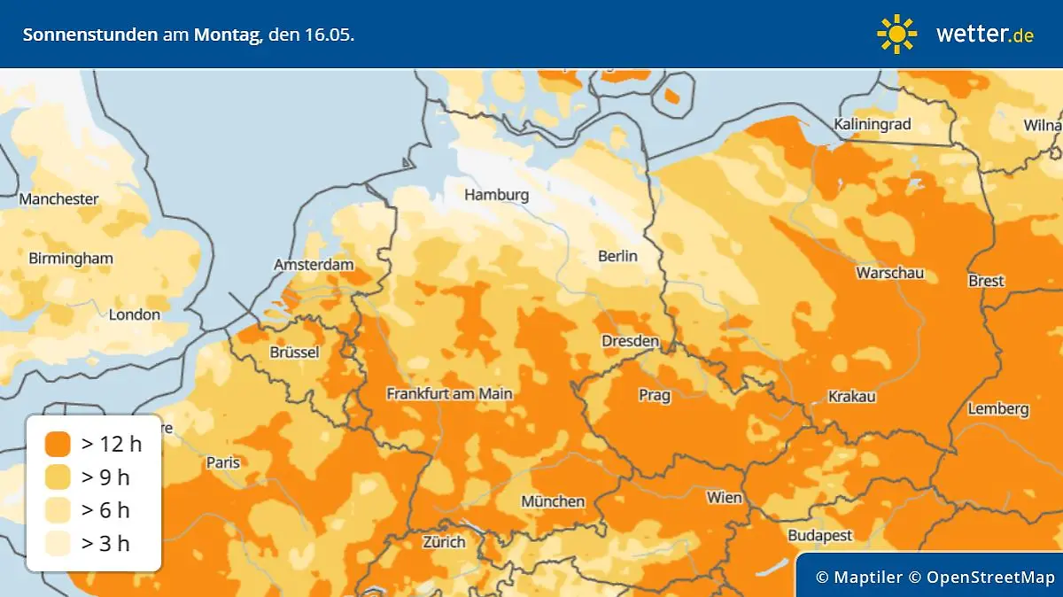 Sonnenscheindauer am Montag, 16. Mai in Deutschland