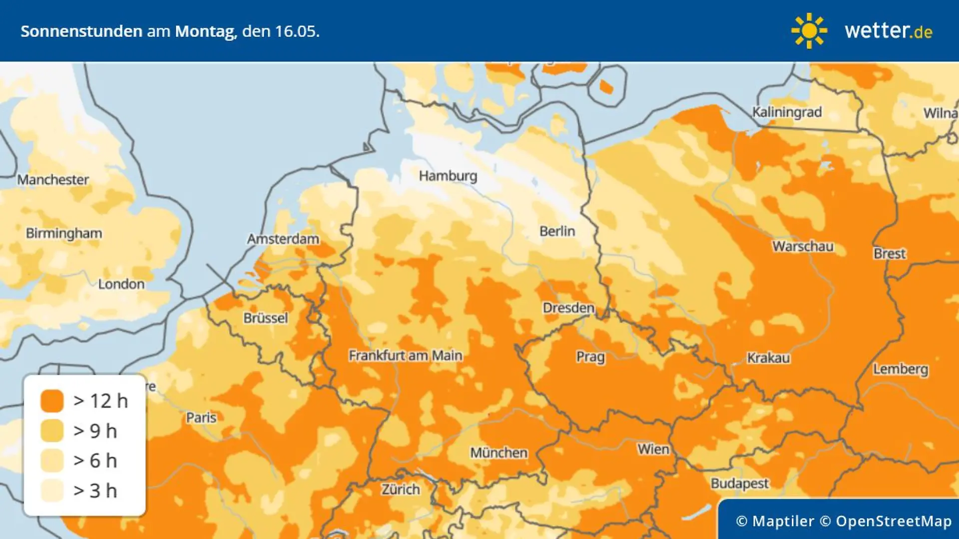 Sonnenscheindauer am Montag, 16. Mai in Deutschland