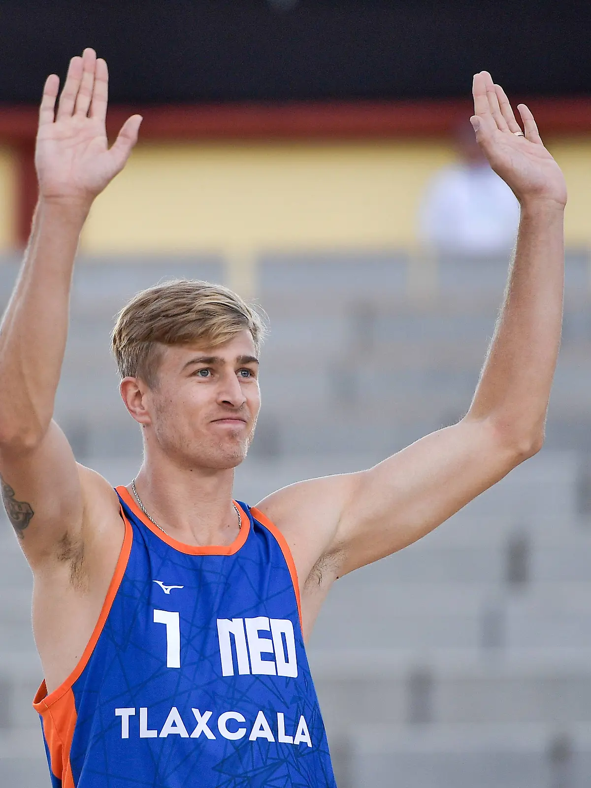 2023-10-11 Beach World Champs Tlaxcala 2023 - Day 6 TLAXCALA, MEXICO - OCTOBER 11: Steven van de Velde of the Netherlands during Day 6 of the Beach World Champs Tlaxcala 2023 at Tlaxcala Plaza de Toros on October 11, 2023 in Tlaxcala, Mexico.