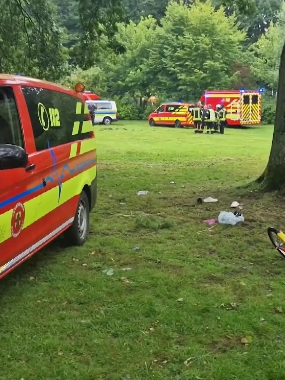 Ein Fahrzeug der Feuerwehr steht an der Einsatzstelle in einer Parkanlage in Delmenhorst. Es ist ein Baum zu sehen, daneben unter anderem ein Grill. Ein Blitz war in einen Baum eingeschlagen.