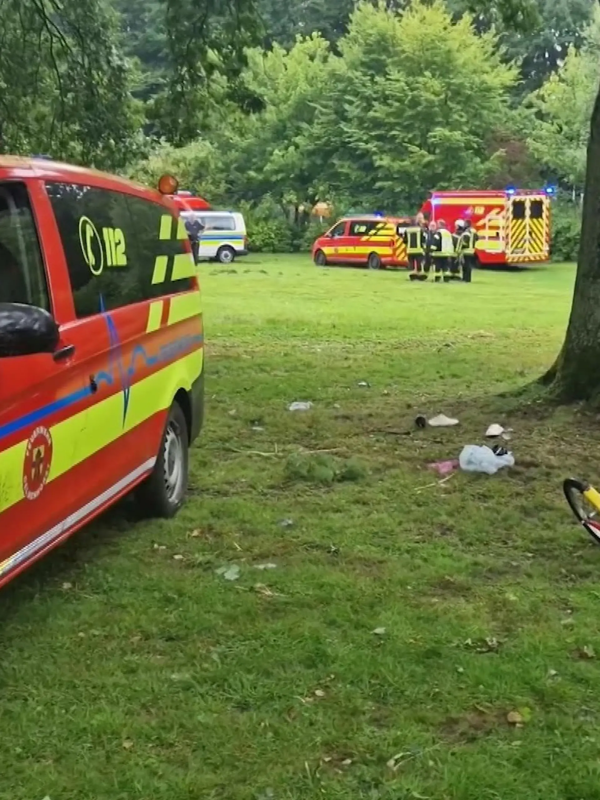 Ein Fahrzeug der Feuerwehr steht an der Einsatzstelle in einer Parkanlage in Delmenhorst. Es ist ein Baum zu sehen, daneben unter anderem ein Grill. Ein Blitz war in einen Baum eingeschlagen.