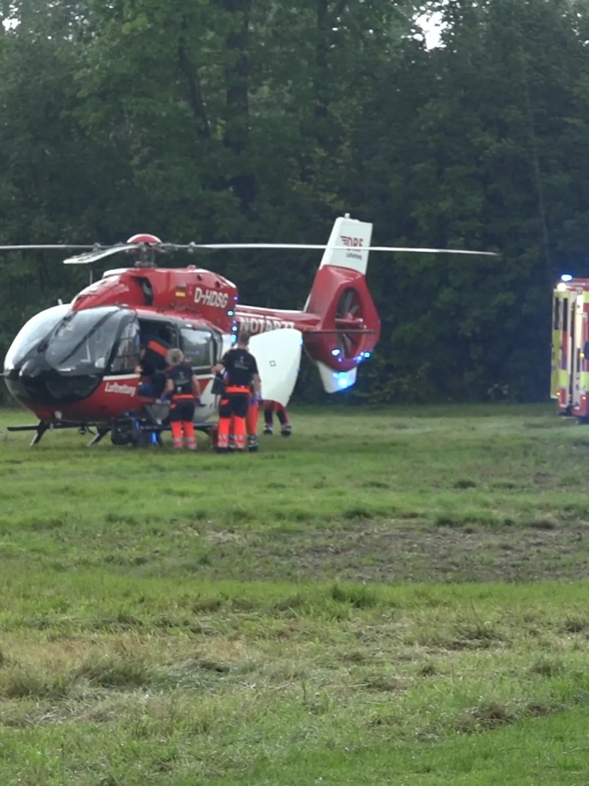 Ein Rettungshubschrauber auf einer Wiese. 