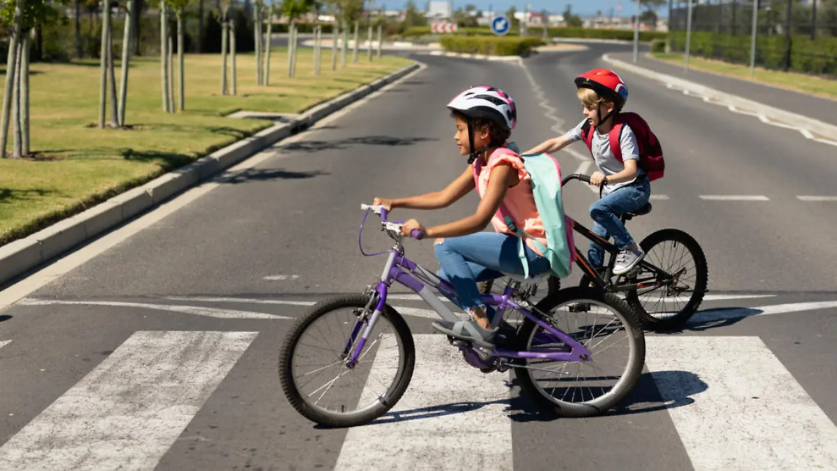 Side view of a Caucasian and an African American schoolgirl, both wearing cycling helmets and riding bicycles, crossing the road on a pedestrian crossing, on their way to elementary school on a sunny day