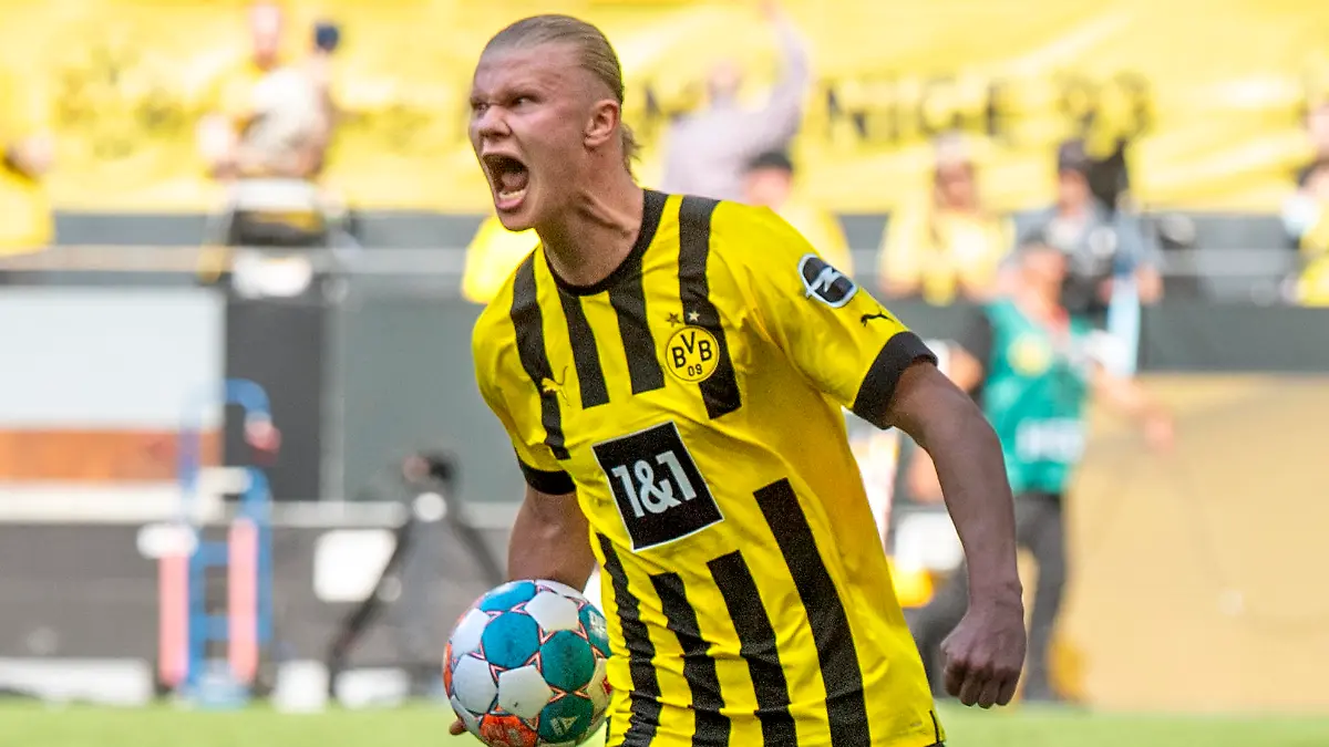 Fußball: 1. Bundesliga, Borussia Dortmund - Hertha BSC, 34. Spieltag, Signal-Iduna-Park: Dortmunds Erling Haaland jubelt nach seinem Tor zum 1:1.