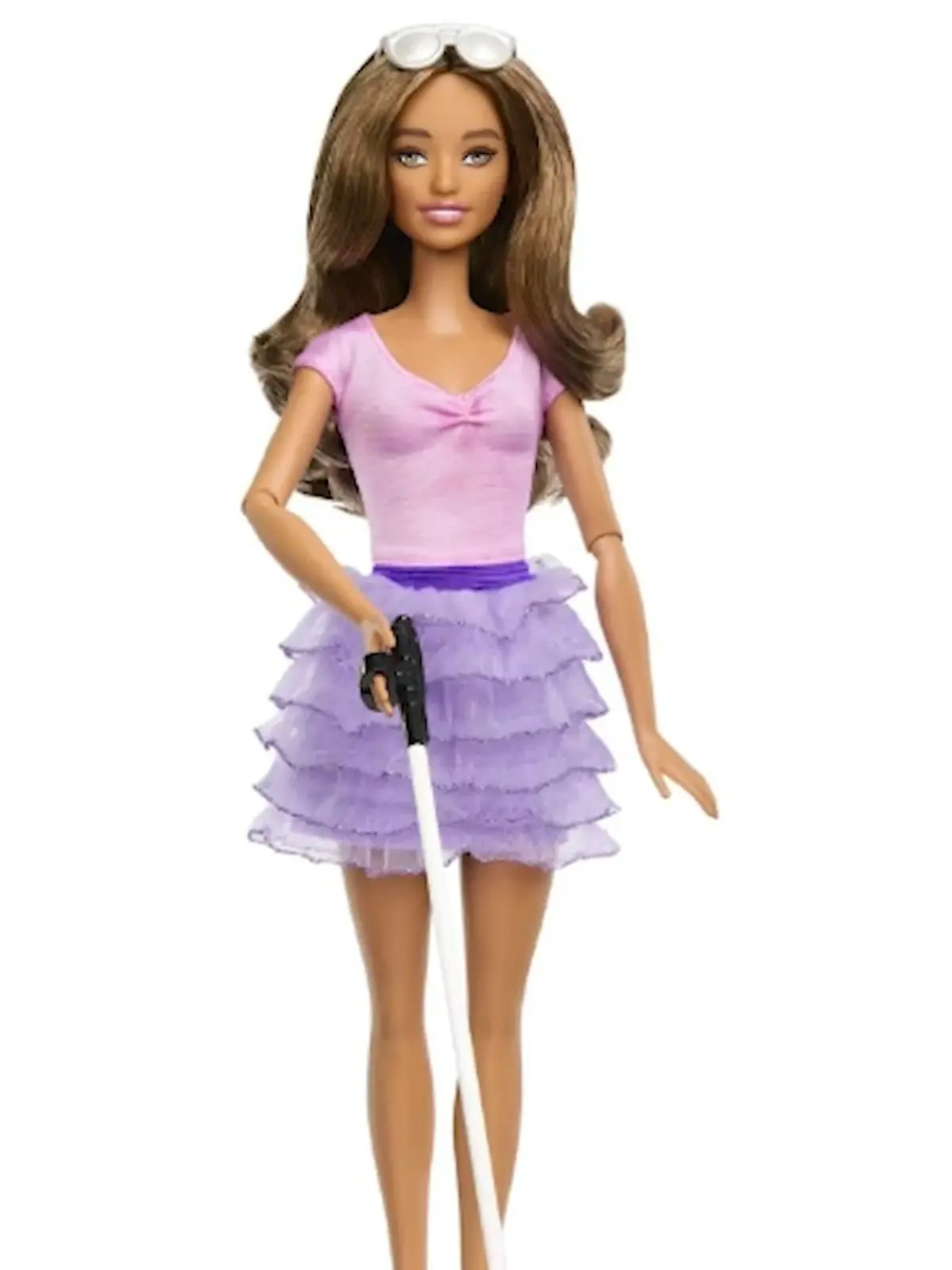 Die neue Barbie von Mattel mit Blindenstock und Brille. 
