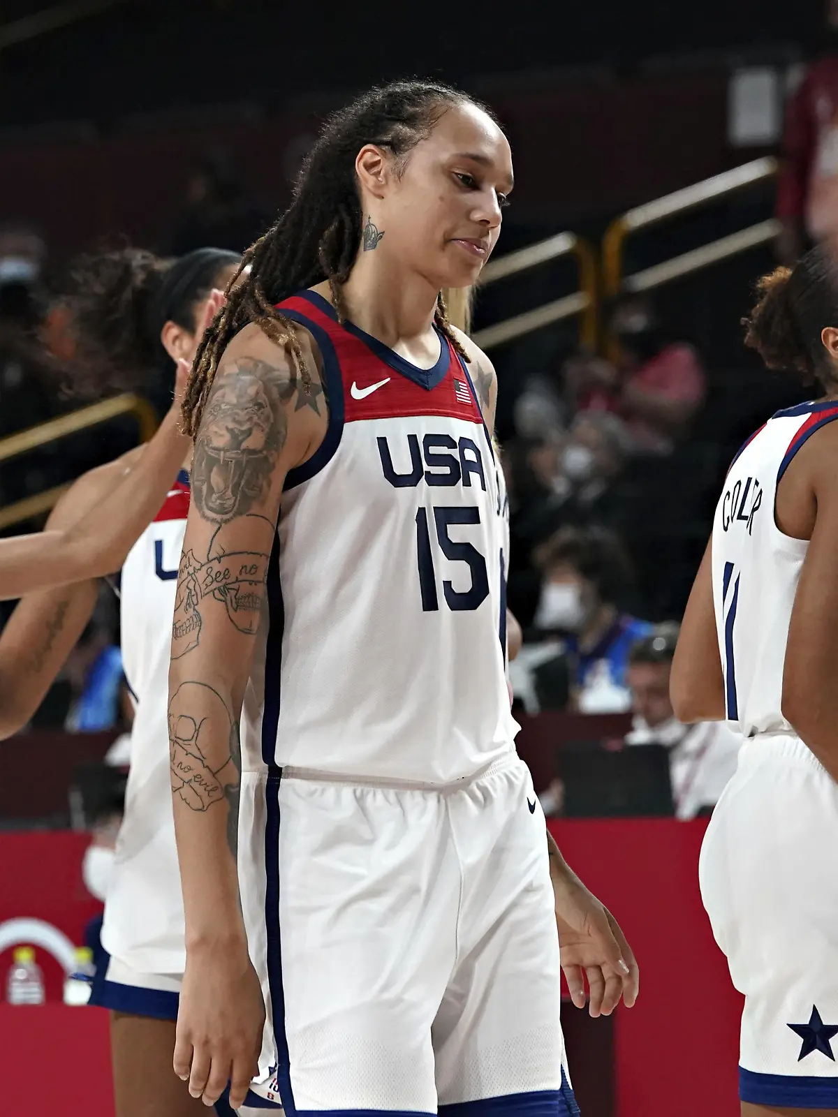 Brittney Griner, 15, walks off the court after the Women s Basketball finals at the Tokyo Olympic Games, Olympische Spiele, Olympia, OS in Tokyo, Japan, on Sunday, August 8, 2021. Griner has been arrested in Russia on suspicion of illegally drugs at Sheremetyevo International Airport. PUBLICATIONxINxGERxSUIxAUTxHUNxONLY OLY20210808290 RICHARDxELLIS 