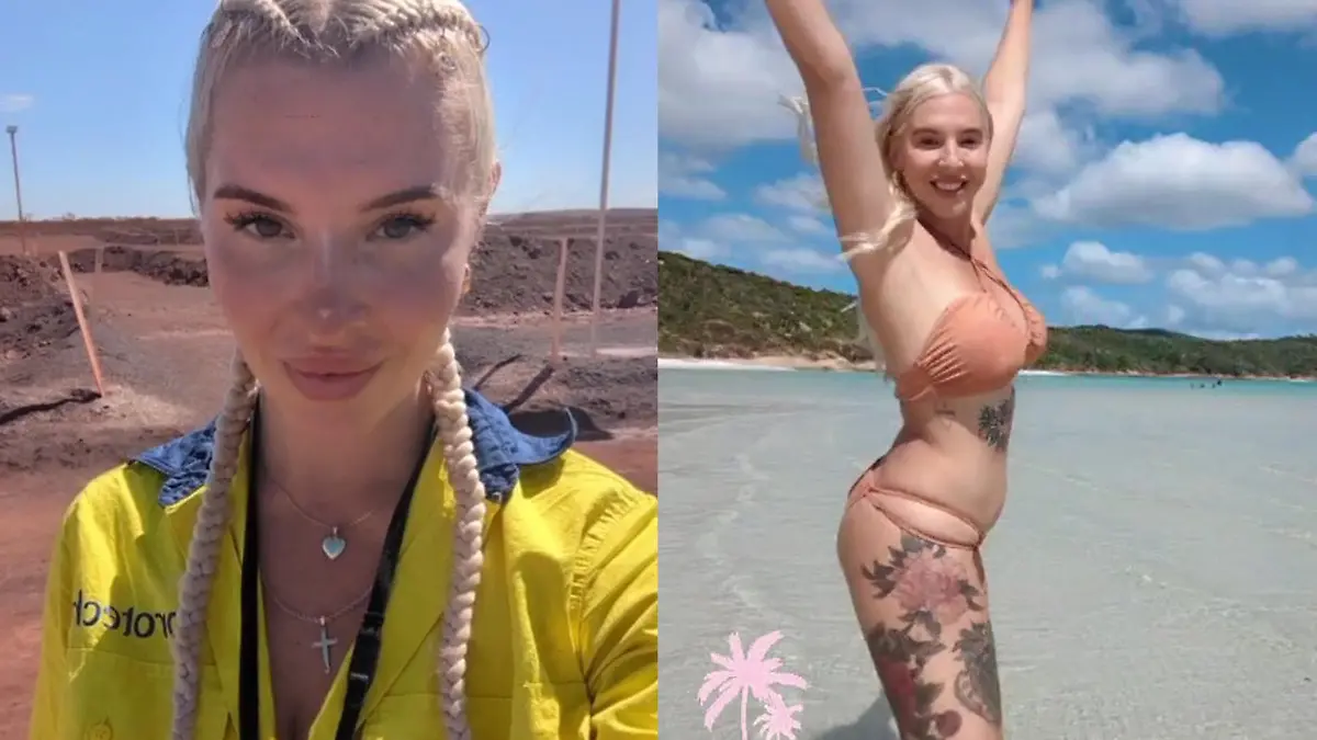Collage: Ashlea als Truckerin und am Strand