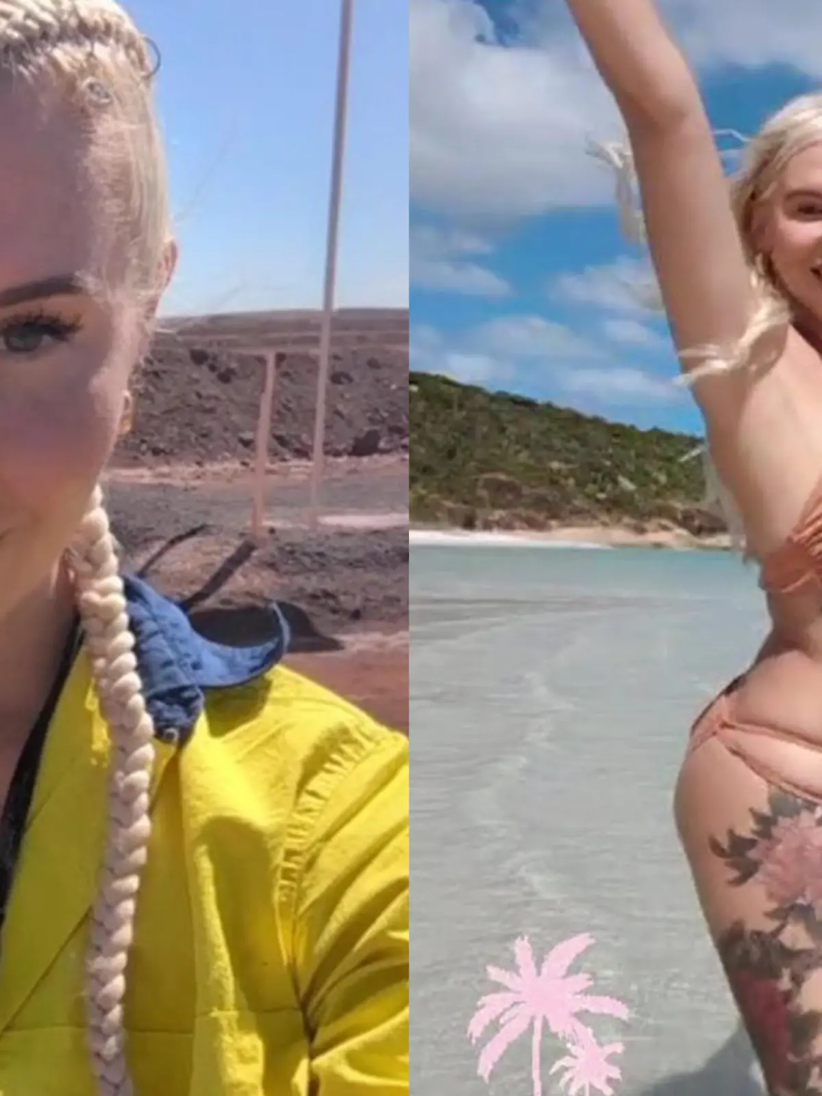 Collage: Ashlea als Truckerin und am Strand
