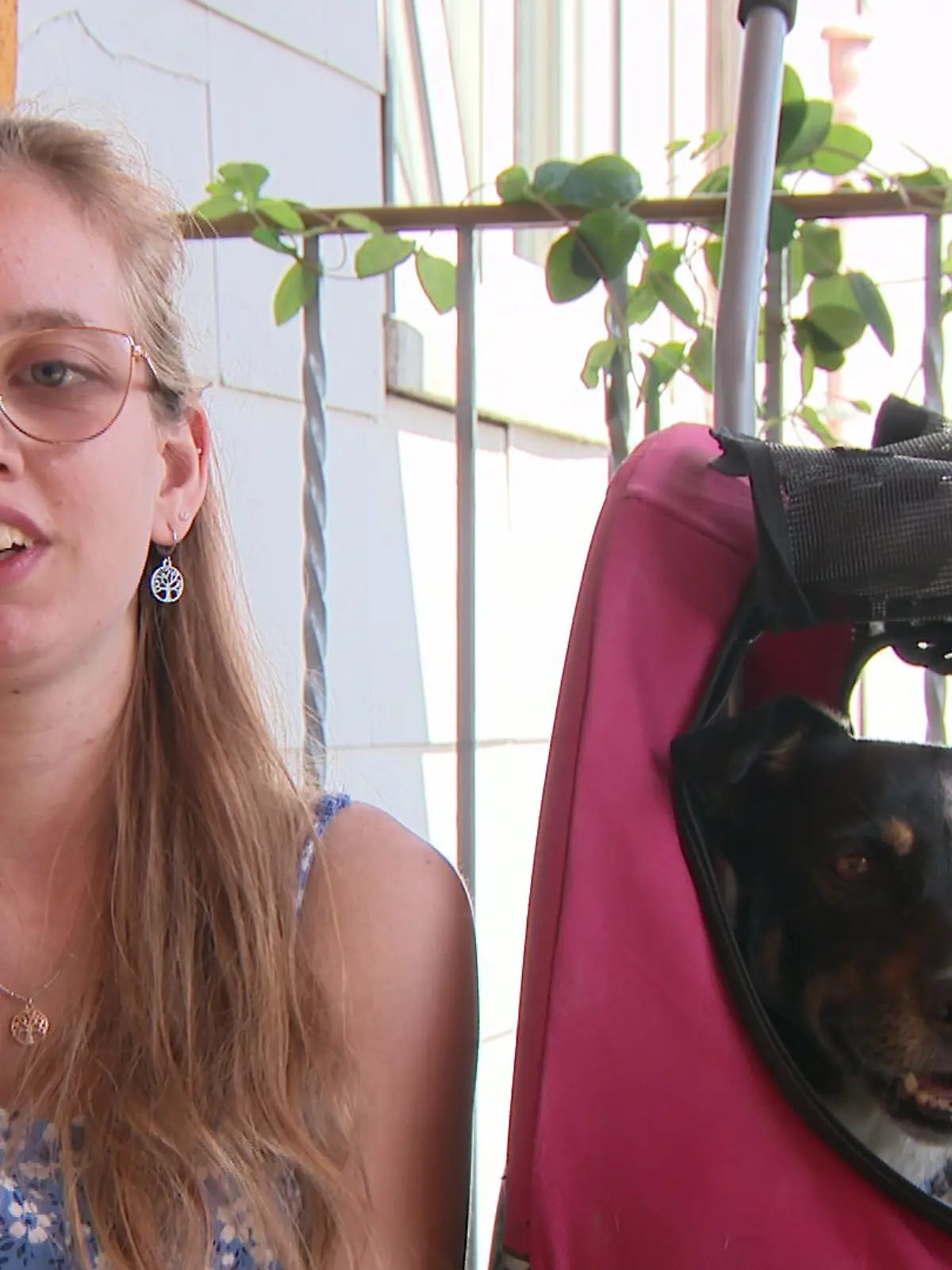 Merve links, schaut in die Kamera, Hund Abby rechts von ihr in einem Buggy.