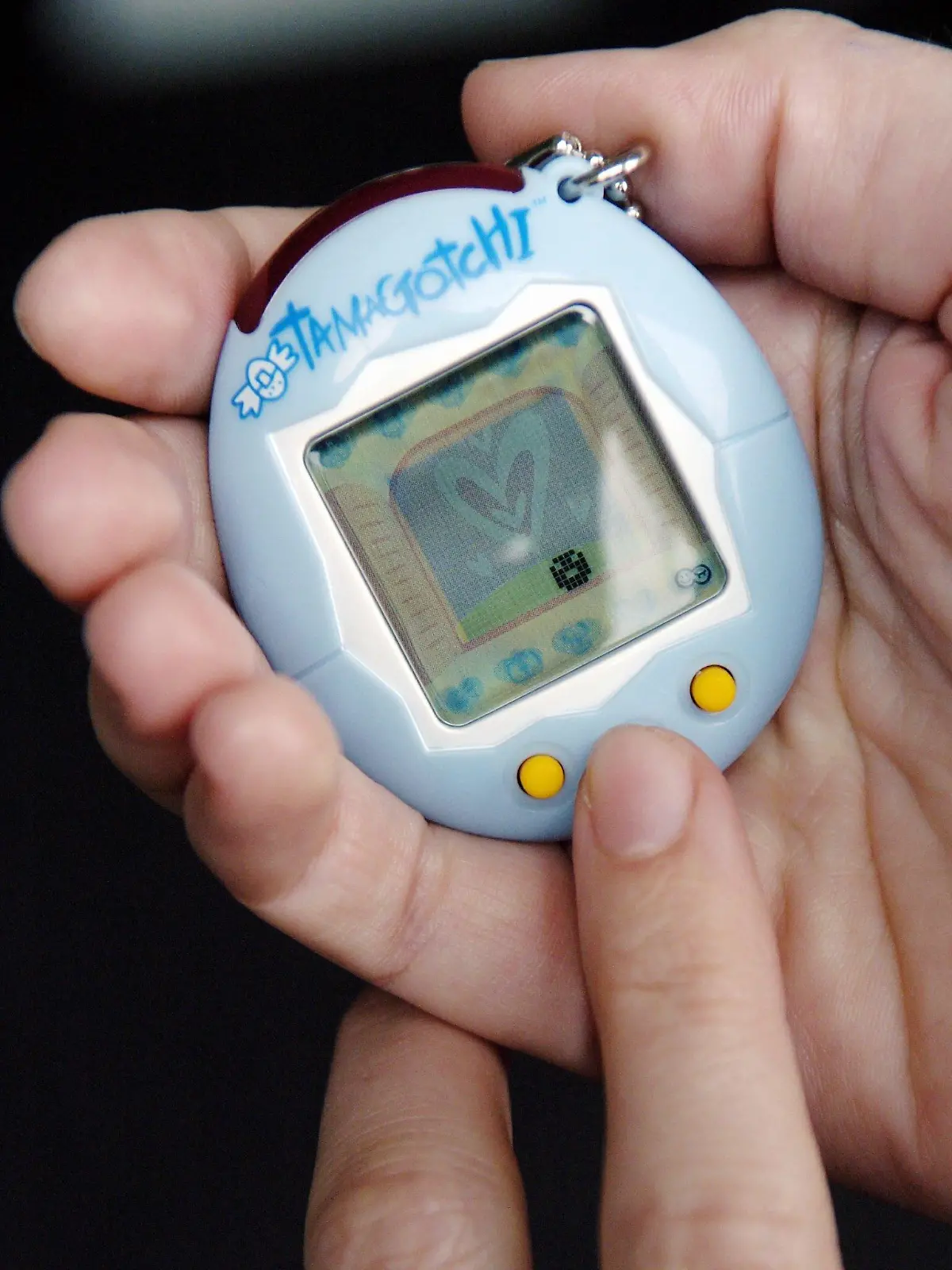 ARCHIV - 25.06.2004, Hamburg: Eine junge Frau spielt mit ihrem Tamagotchi. (Zu dpa: "Elektro-Hype: Tamagotchi übten Beziehung zwischen Mensch und Maschine") Foto: Maurizio Gambarini/dpa-Zentralbild/dpa +++ dpa-Bildfunk +++