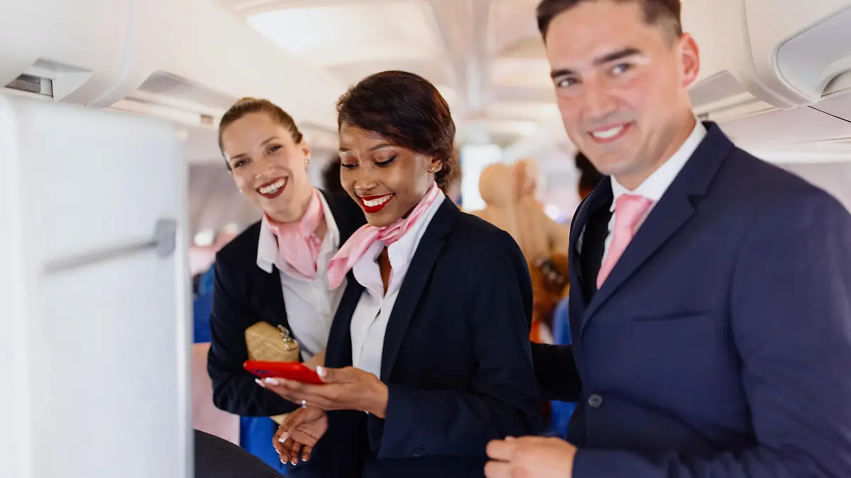 Smiling flight attendants looking at camera during disembarking
