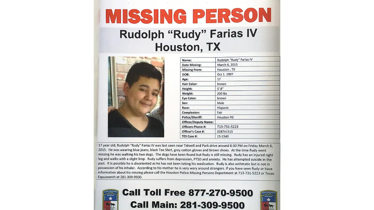 A missing poster for Rudolph "Rudy" Farias IV is shown during the Missing Person Day event at City Hall Sunday, Jan. 31, 2016, in Houston. Farias, who went missing as a teenager in 2015 after last being seen walking his dogs in Houston has been found alive, his family and police said Monday, July 3, 2023. (TexasEquuSearch/Courtesy of Houston Chronicle via AP)