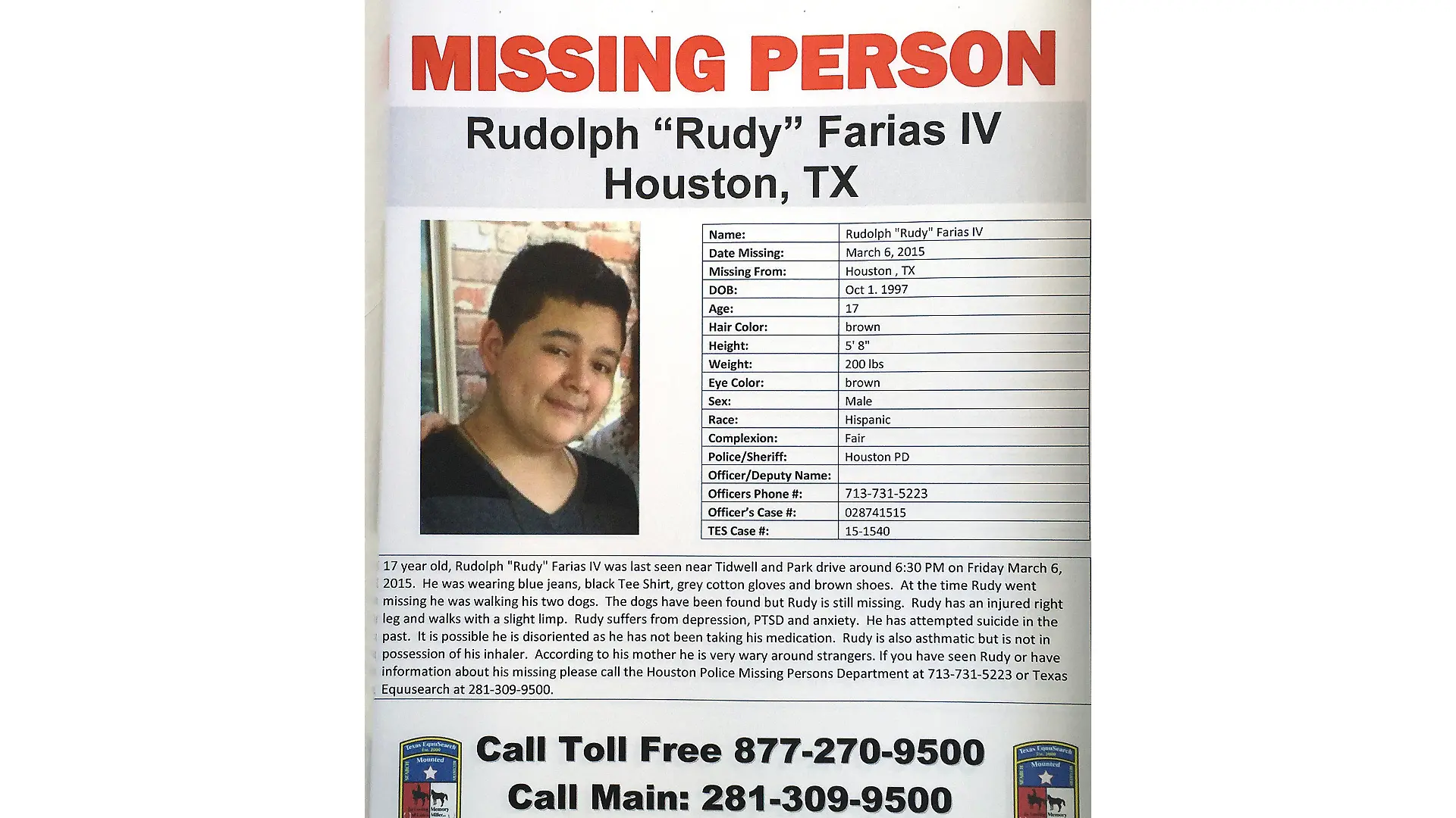 A missing poster for Rudolph "Rudy" Farias IV is shown during the Missing Person Day event at City Hall Sunday, Jan. 31, 2016, in Houston. Farias, who went missing as a teenager in 2015 after last being seen walking his dogs in Houston has been found alive, his family and police said Monday, July 3, 2023. (TexasEquuSearch/Courtesy of Houston Chronicle via AP)