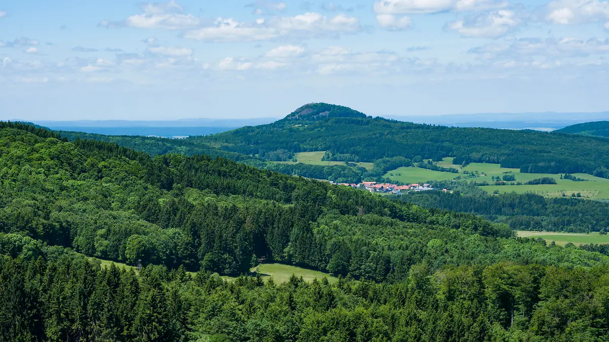 Ausblick vom Schafstein, hinten Berg Milseburg, Biosphärenreservat Rhön, Hessen, Deutschland, Europa