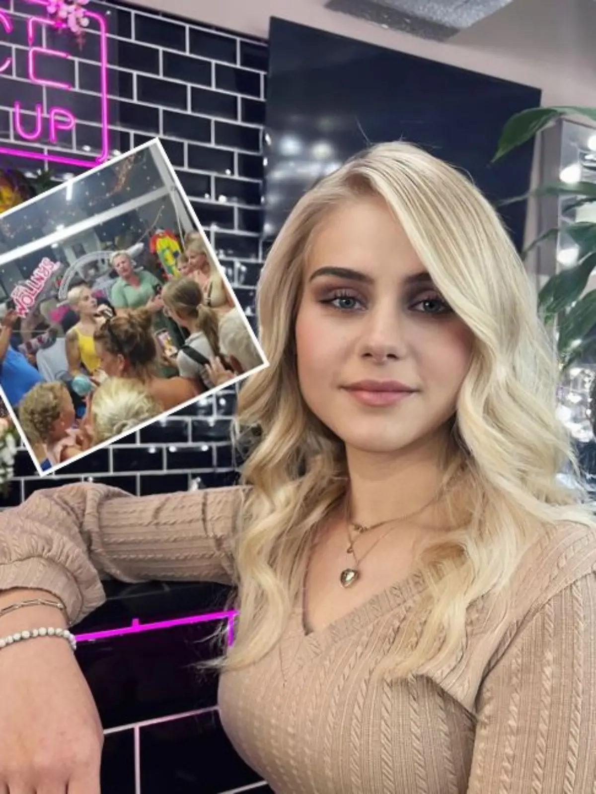 Collage: Estefania Wollny heizt den Gästen in Silvias Boutique musikalisch ein. 