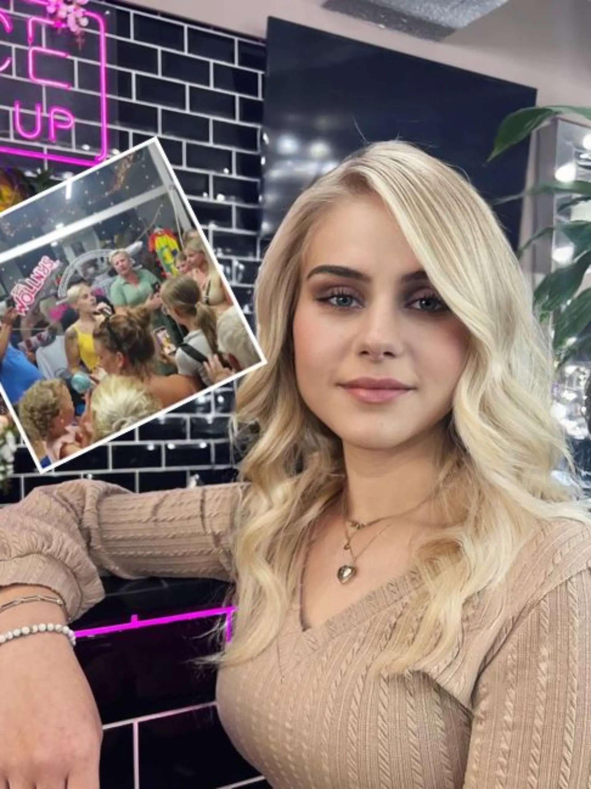 Collage: Estefania Wollny heizt den Gästen in Silvias Boutique musikalisch ein. 