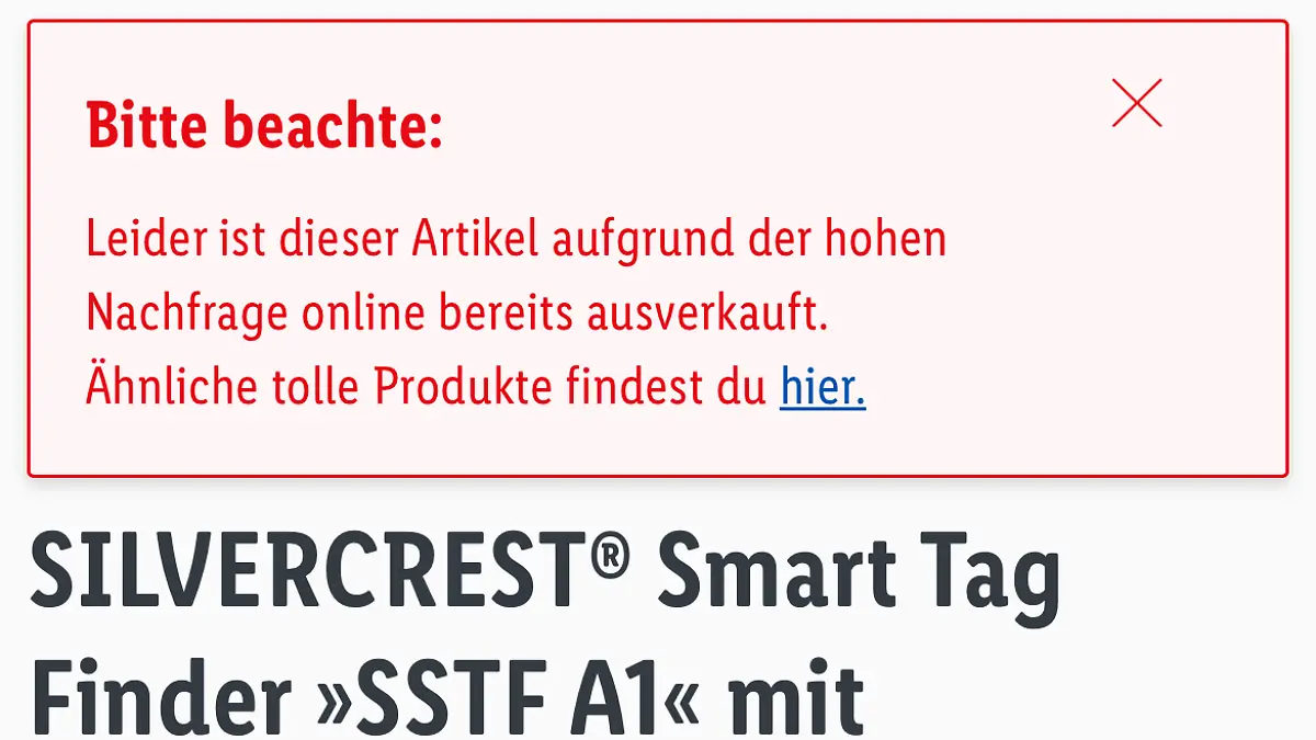 Ein Screenshot des Lidl-Onlineshops beweist: Der Smart Tag ist ausverkauft