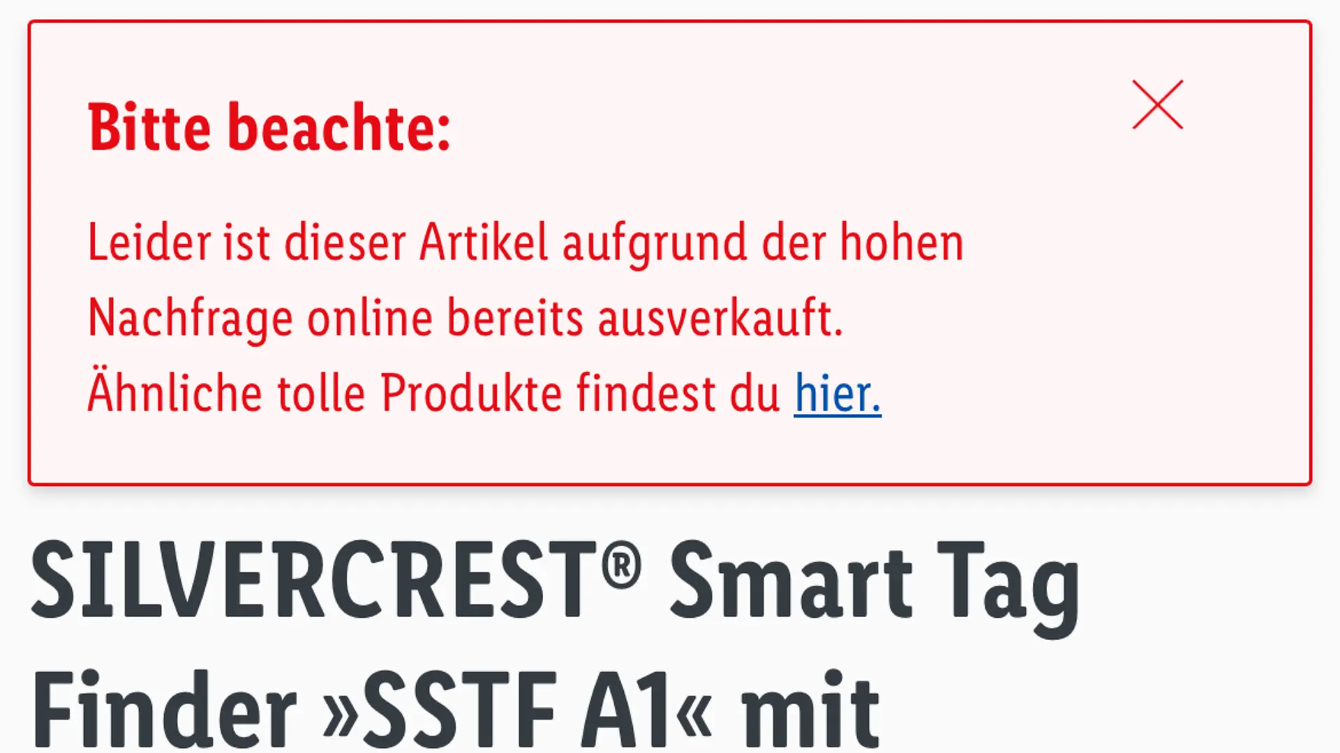 Ein Screenshot des Lidl-Onlineshops beweist: Der Smart Tag ist ausverkauft