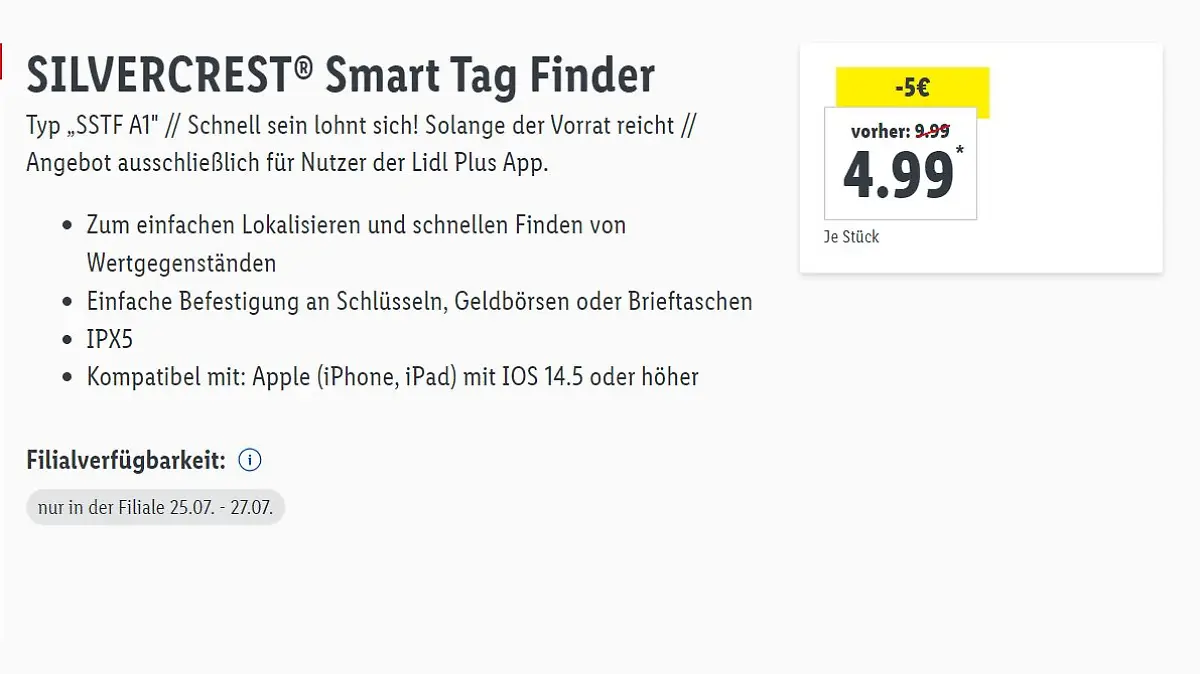 Auf seiner Homepage preist Lidl den Smart Tag zum „Mega Sparpreis” an.