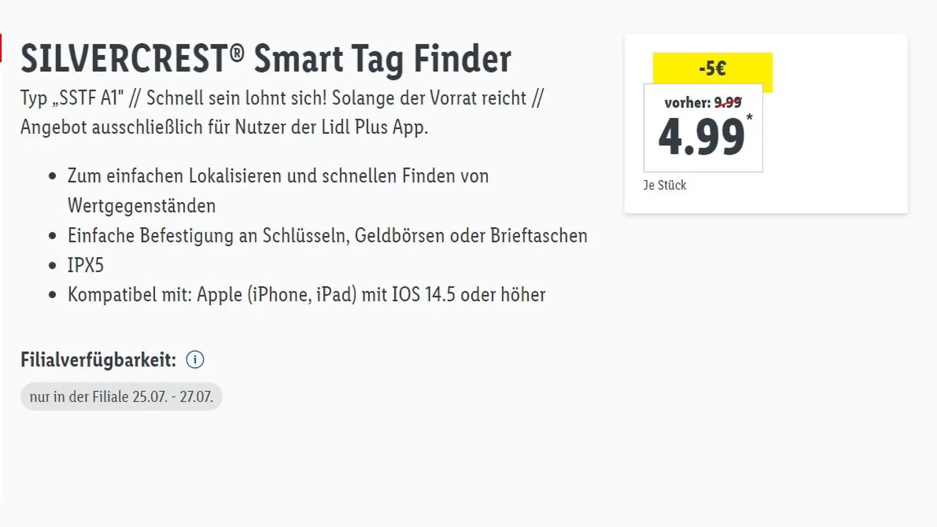 Auf seiner Homepage preist Lidl den Smart Tag zum „Mega Sparpreis” an.