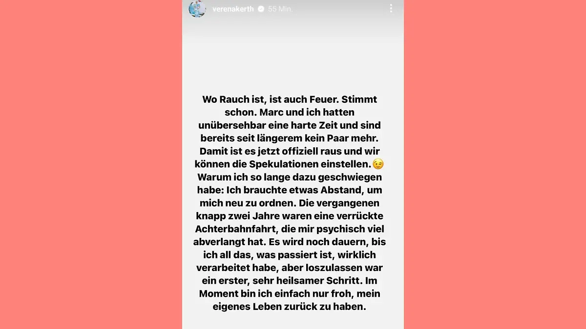 Verena Kerth macht Trennung von Marc Terenzi in ihrer Insta-Story offiziell.