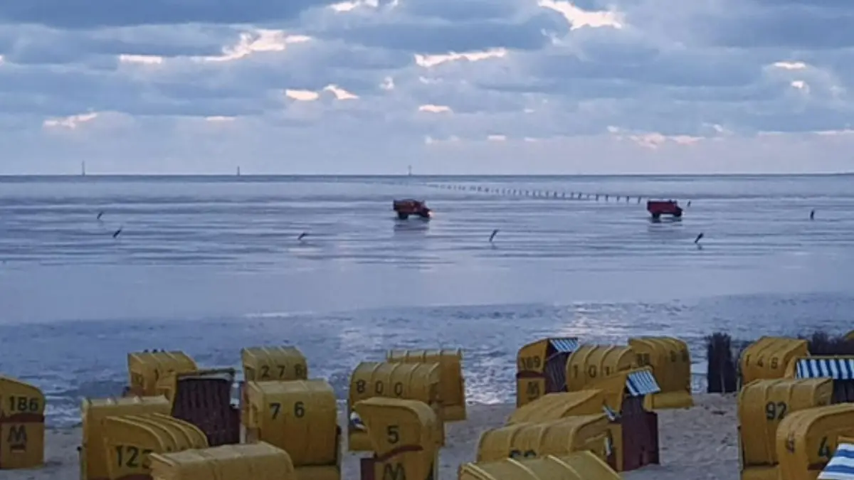 Zwei LKW fahren im Wattmeer. 