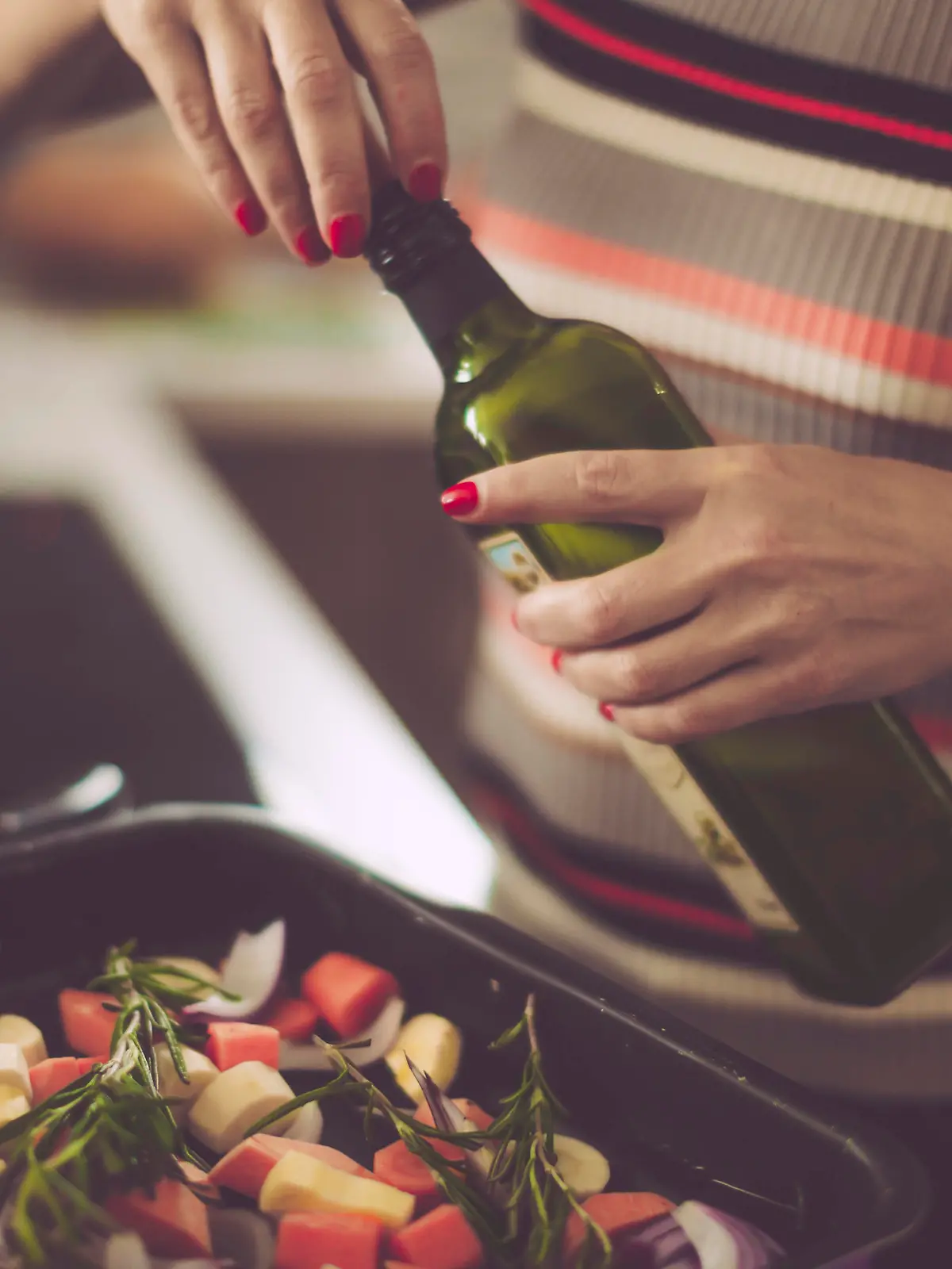 Woman, preparing, food, olive oil, bottle, kitchen, vegetables, colorful, stove, healthy lifestyle, healthy eating, lunch, dinner