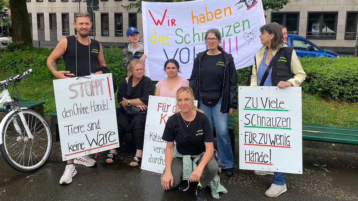 Demonstranten machen mit Schildern auf die Lage der Tierheime aufmerksam