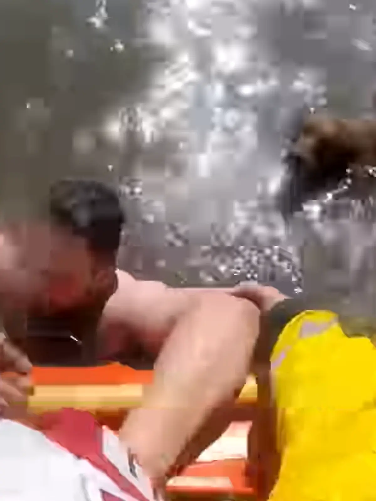 Seenotretter ziehen einen Mann und seinen Hund aus dem Meer in ein Rettungsboot. 