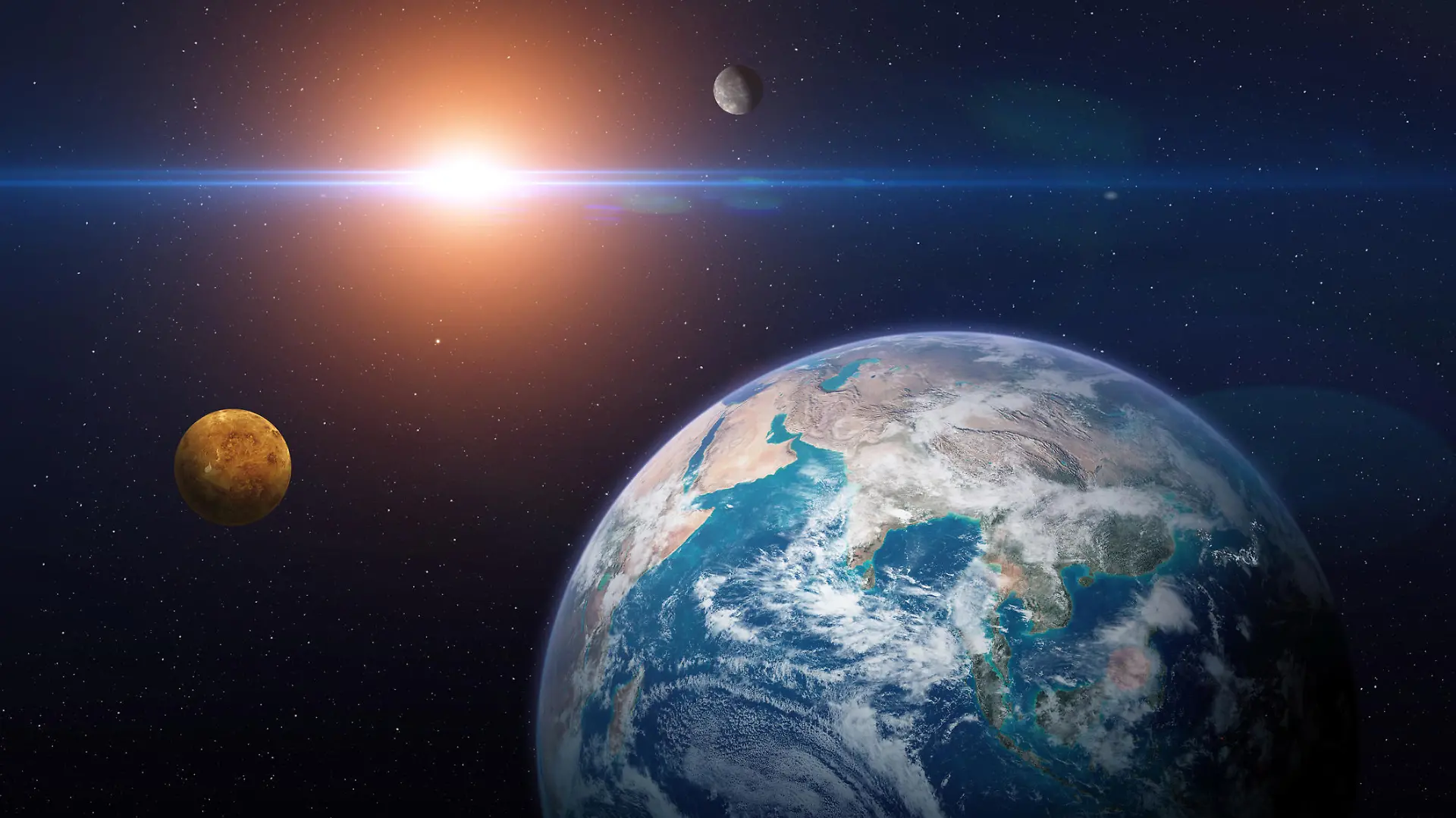 Solar system planets: Earth, Venus, Mercury. Terrestrial planets. Sci-fi background. Elements of this image furnished by NASA. ______ Url(s): "https://photojournal.jpl.nasa.gov/catalog/PIA00271"https://photojournal.jpl.nasa.gov/jpeg/PIA15160.jpg"https://images.nasa.gov/details-GSFC_20171208_Archive_e002130"nSoftware: Adobe Photoshop CC 2015. Knoll light factory. Adobe After Effects CC 2017.