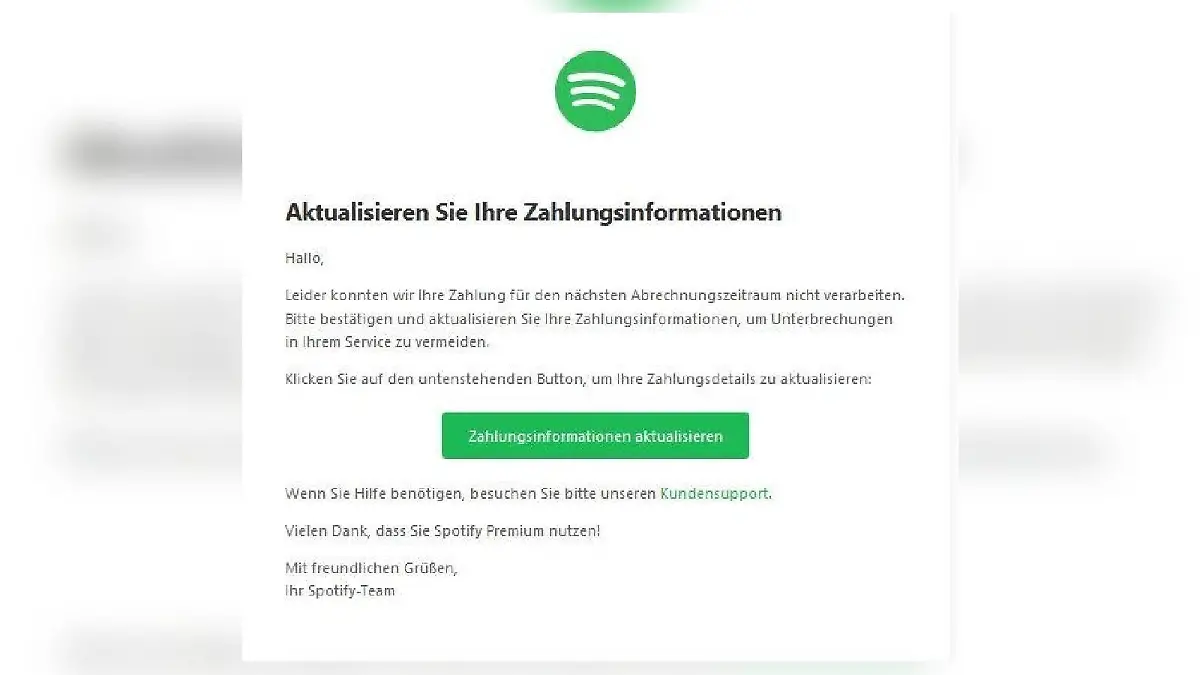 Fake-Mail, die angeblich von Spotify ist.