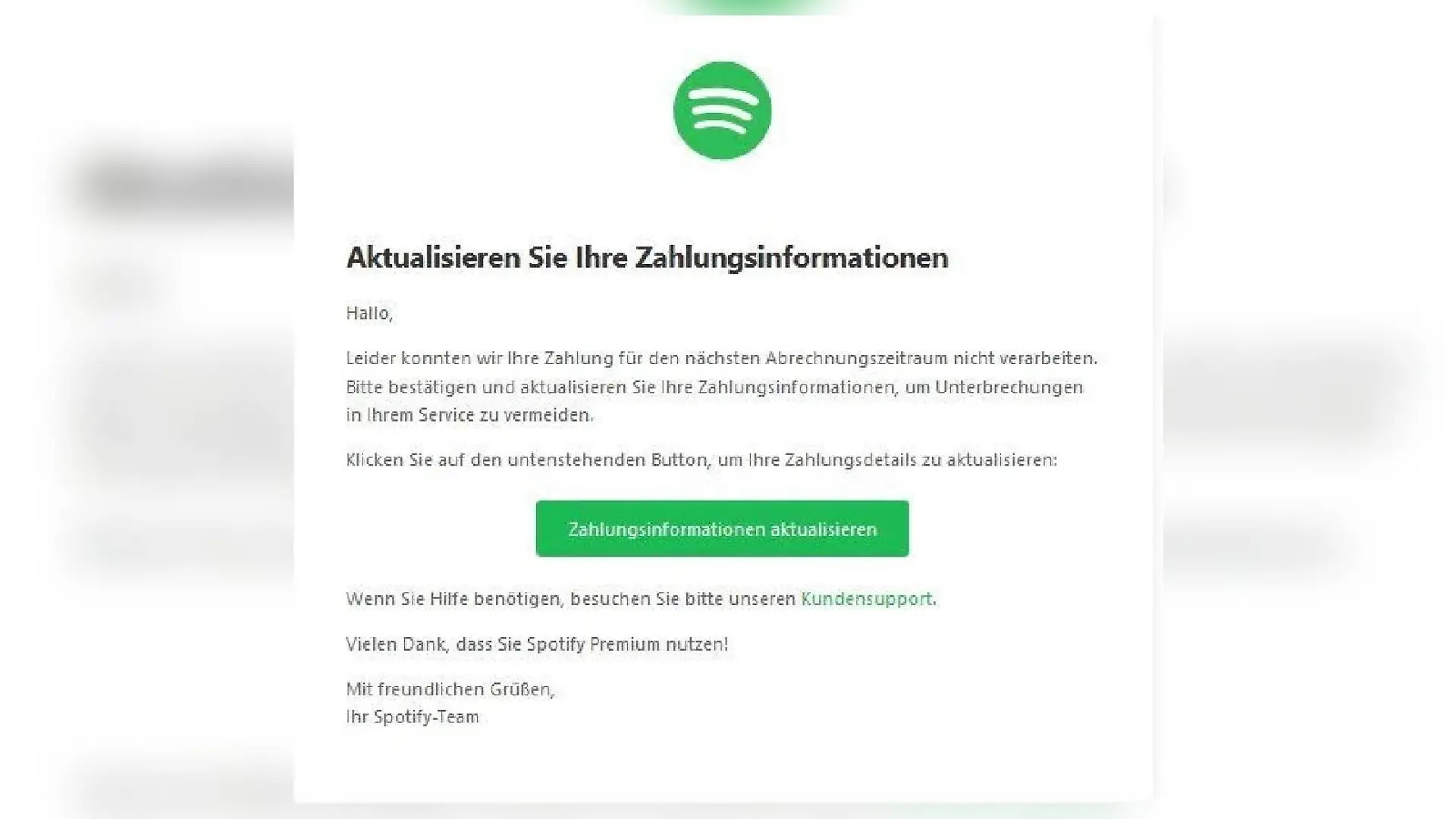 Fake-Mail, die angeblich von Spotify ist.