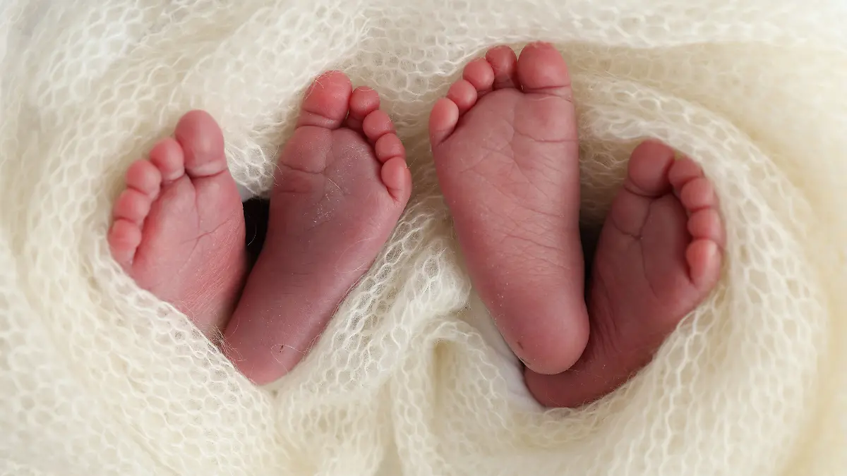 Legs, toes, feet and heels of newborn twins. Wrapped in a knitted white blanket. Studio macro photography of the legs of newborn twins, close-up. Two newborns.