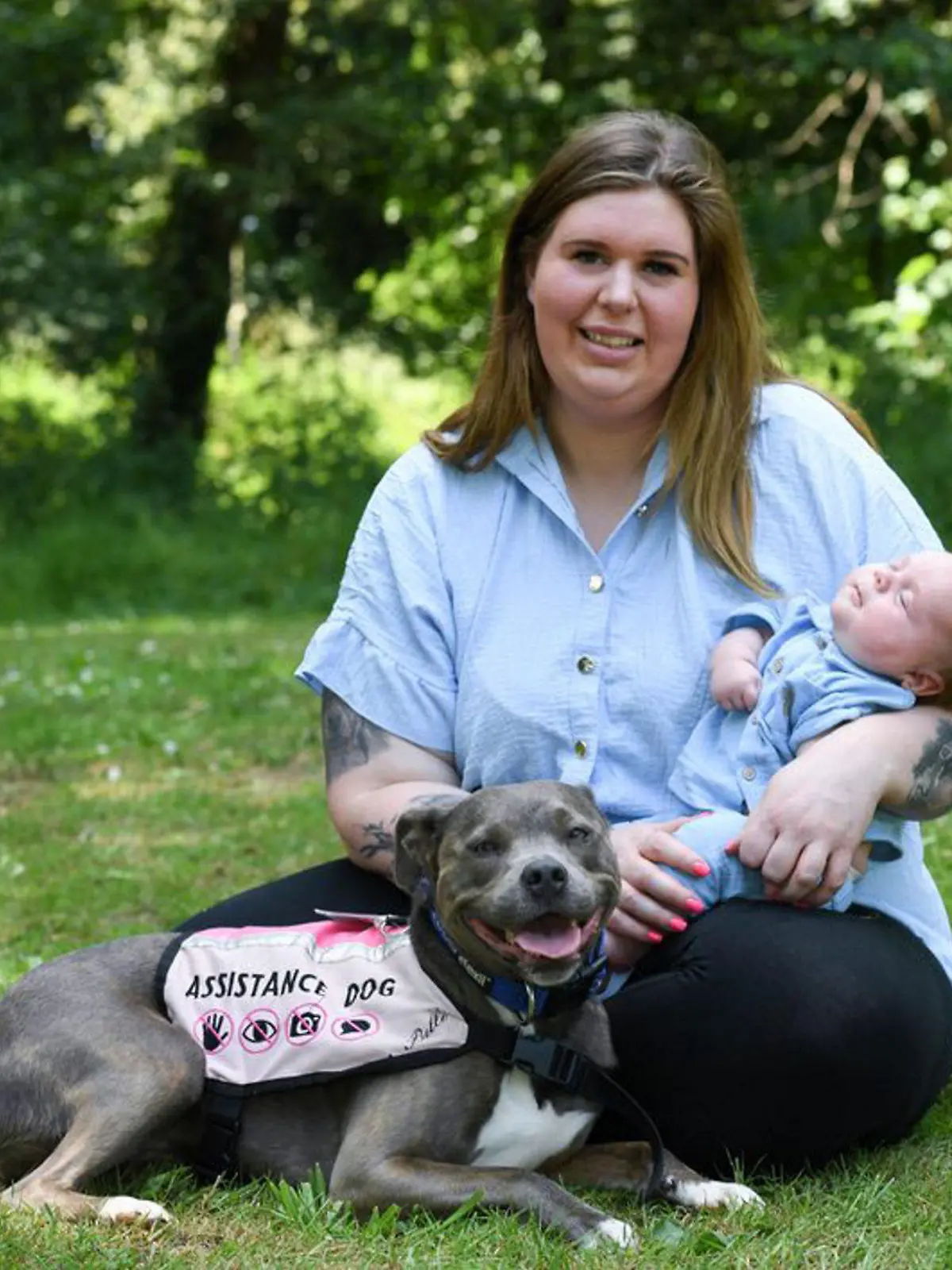 SONDERKONDITIONEN: Satzpreis!
Amee Tomkin, her assistance dog Belle and her new son Olly. See SWNS story SWLNdog. Meet the UK's first doggy midwife who helped her pregnant owner through child birth inside a maternity ward. Amee Tomkin's assistance dog Belle, two, is believed to be one of the first dogs in the UK ever to be allowed on a hospital labour ward. The two-year-old Staffordshire Bull Terrier accompanied Amee, 33, through fertility treatment, as well as scans and midwife appointments throughout her pregnancy. And the dog was so well behaved that Milton Keynes University Hospital, Bucks, allowed her to support nervous Amee on the maternity ward before had a caesarean op in April.  / action press