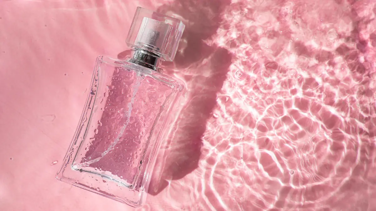 Perfume bottle on the background and water drops. A bottle of perfume without inscriptions . Smell. Perfume on a pink background. Water drops. Copy space. Perfume bottle on the background and water drops. A bottle of perfume without inscriptions . Smell. Perfume on a pink background. Water drops. Copy space. Article about the choice of perfume Copyright: xx 37200284