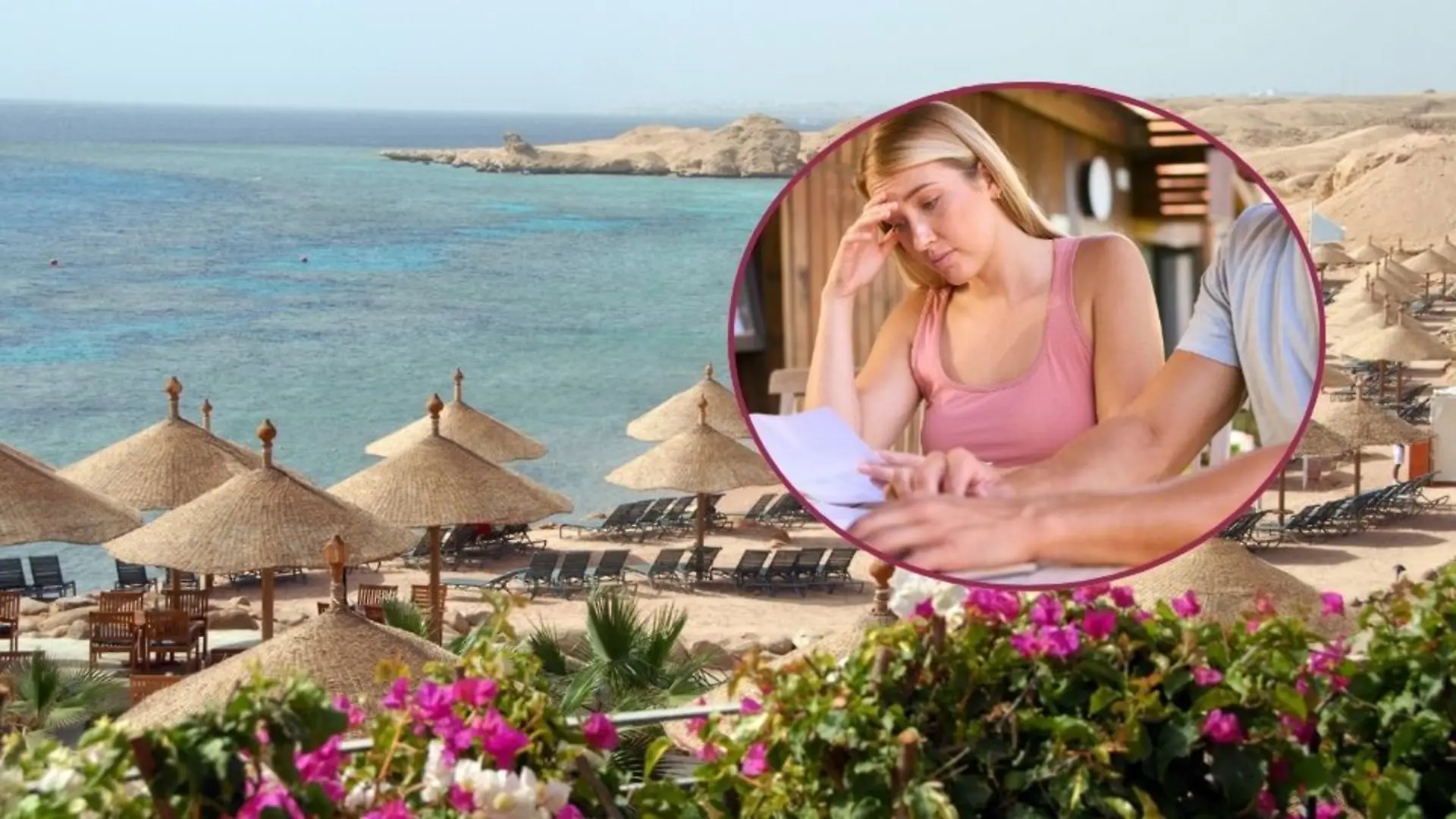 paar,besorgt,schulden,Bildverwendung nur mit Urhebervermerk: Monkey Business 2/Shotshop/picture alliance. Keine Exlusivverkäufe möglich. / Exotischen Strand mit Sonnenschirmen und bougainvillea, Sharm-el-Sheikh, Ägypten