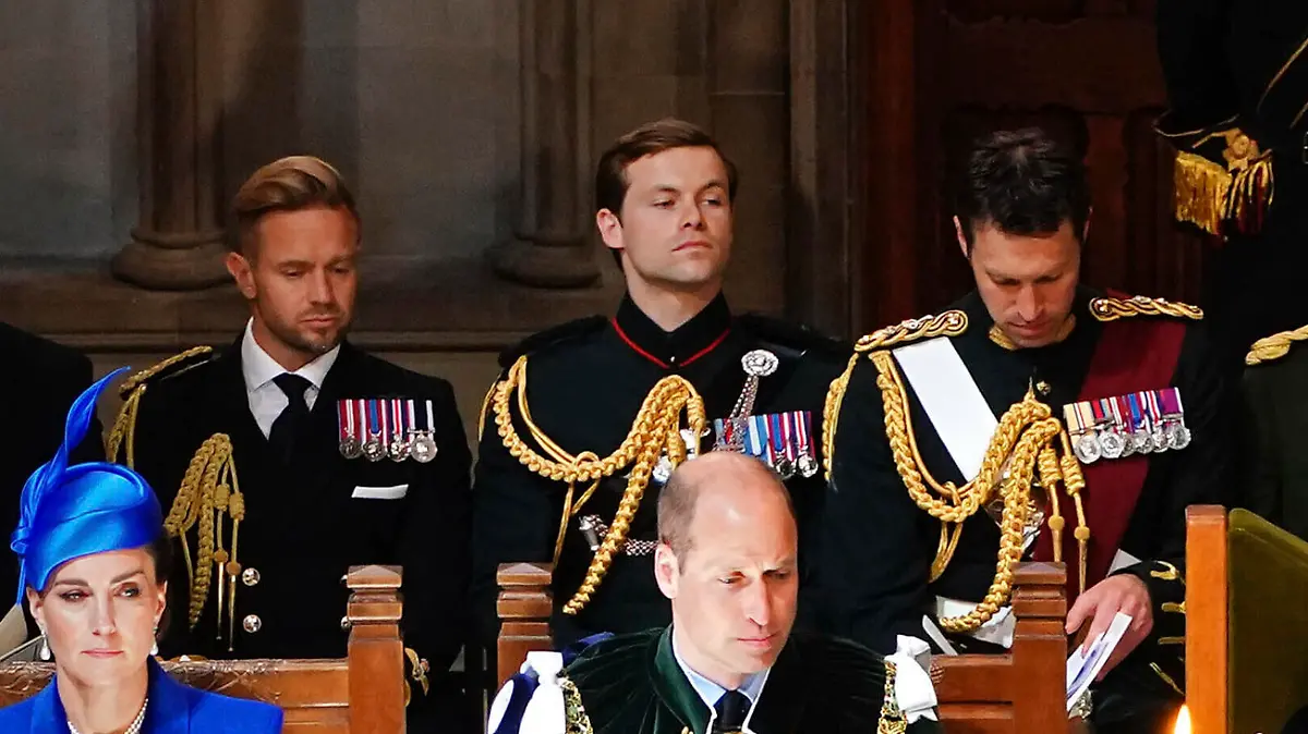 Britain's Prince William, the Prince of Wales, front row second left, Kate, the Princess of Wales, left, known as the Duke and Duchess of Rothesay while in Scotland, King Charles III, centre and Queen Camilla are seated, during the National Service of Thanksgiving and Dedication for Britain's King Charles III and Queen Camilla, at St Giles' Cathedral, in Edinburgh, Wednesday, July 5, 2023. Two months after the lavish coronation of King Charles III at Westminster Abbey in London, Scotland is set to host its own event to mark the new monarch’s accession to the throne. (Aaron Chown/Pool Photo via AP)