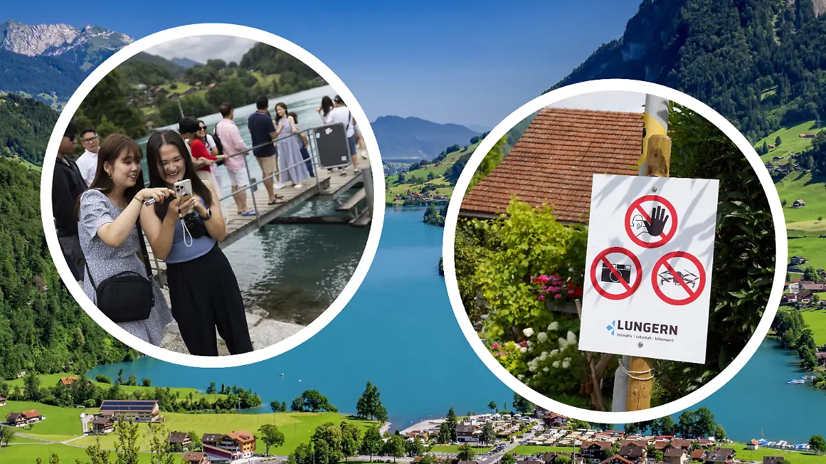 In Lungern in der Schweiz werden Anti-Touri-Schilder verteilt.