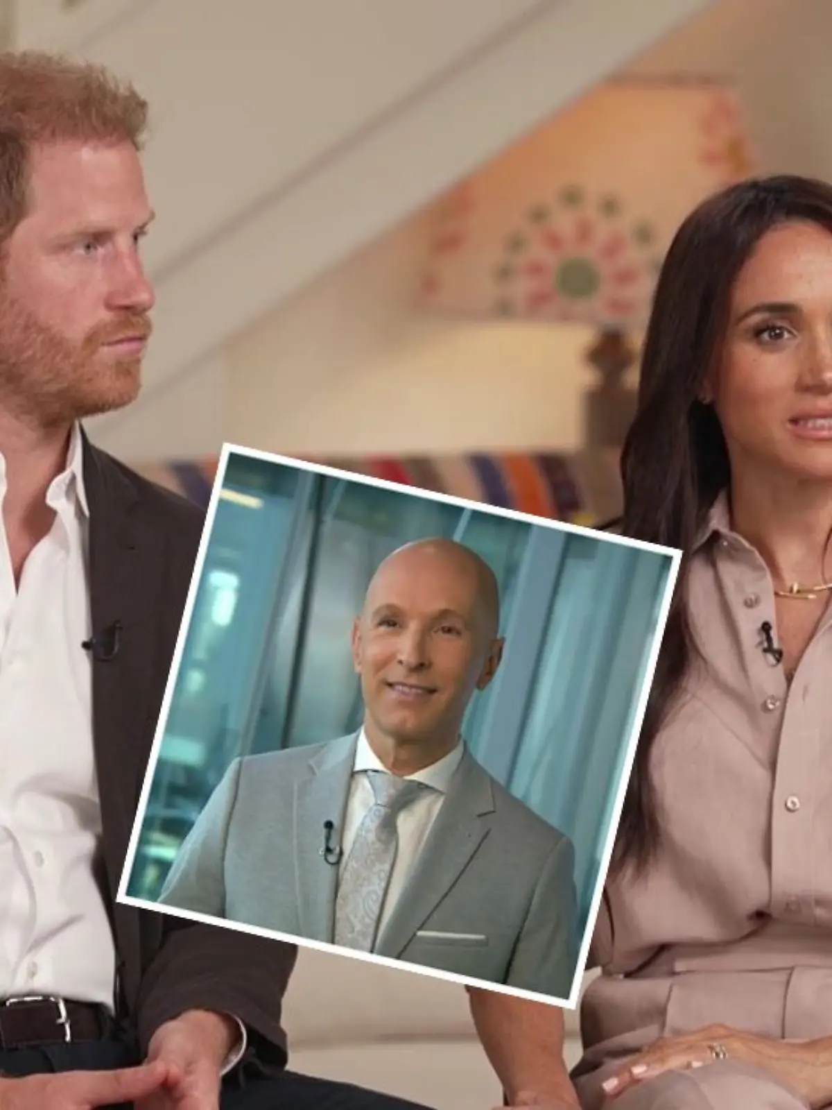 Collage von Harry und Meghan und Michael Begasse
