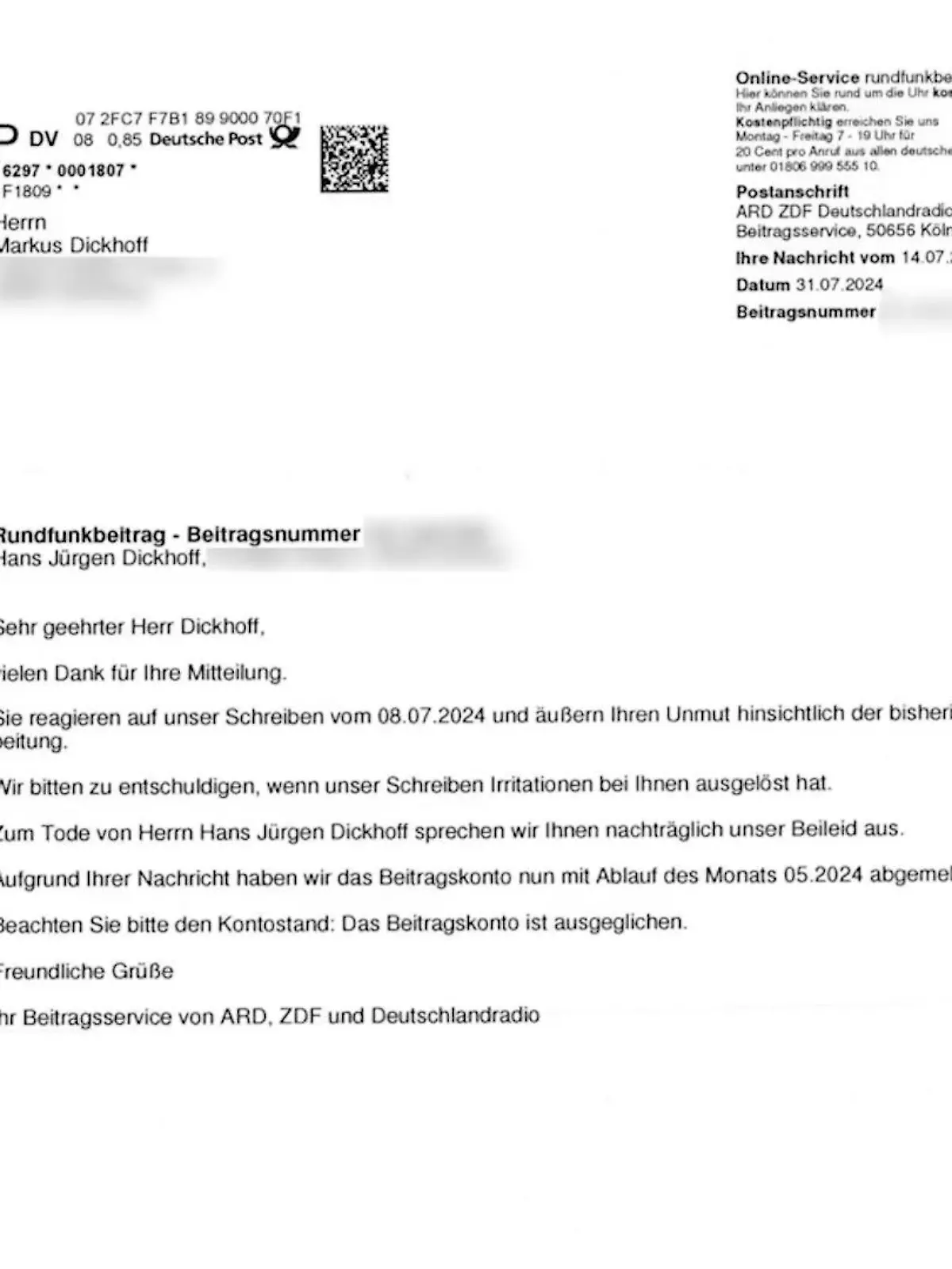 Bild zu: "Beitragsservice schreibt an Familie "